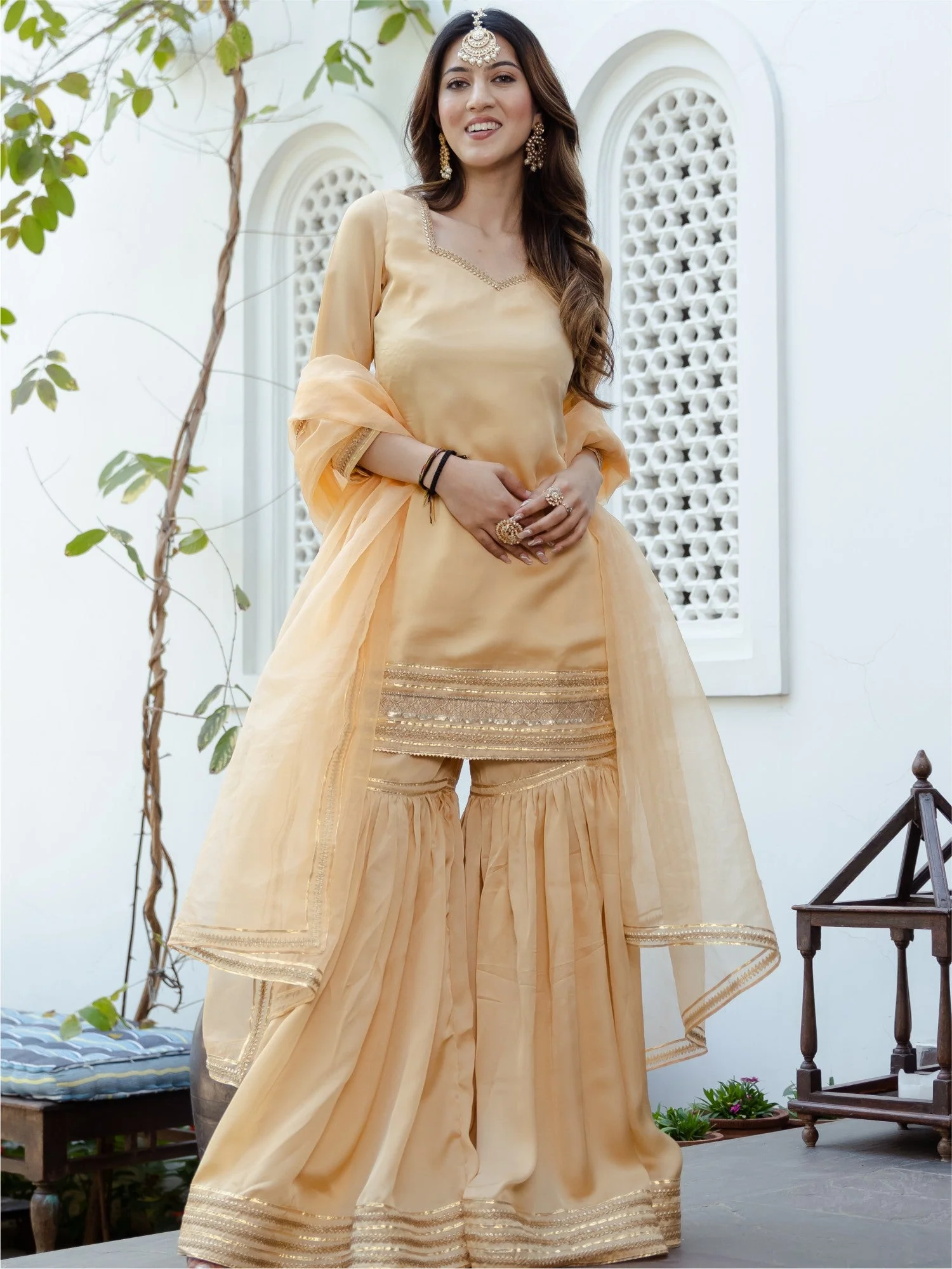 Beige Short Kurta Sharara Set - Image 3