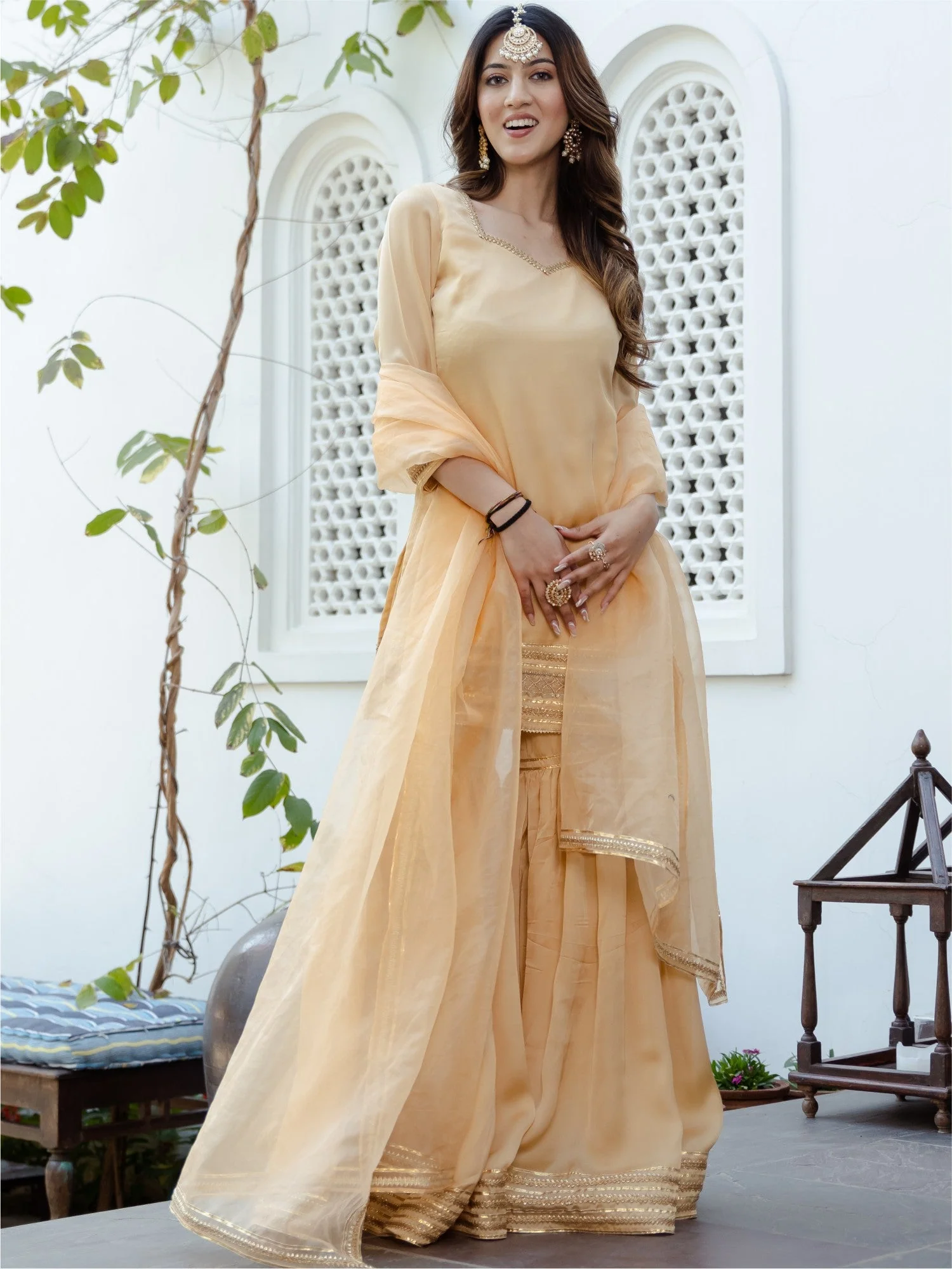 Beige Short Kurta Sharara Set - Image 4
