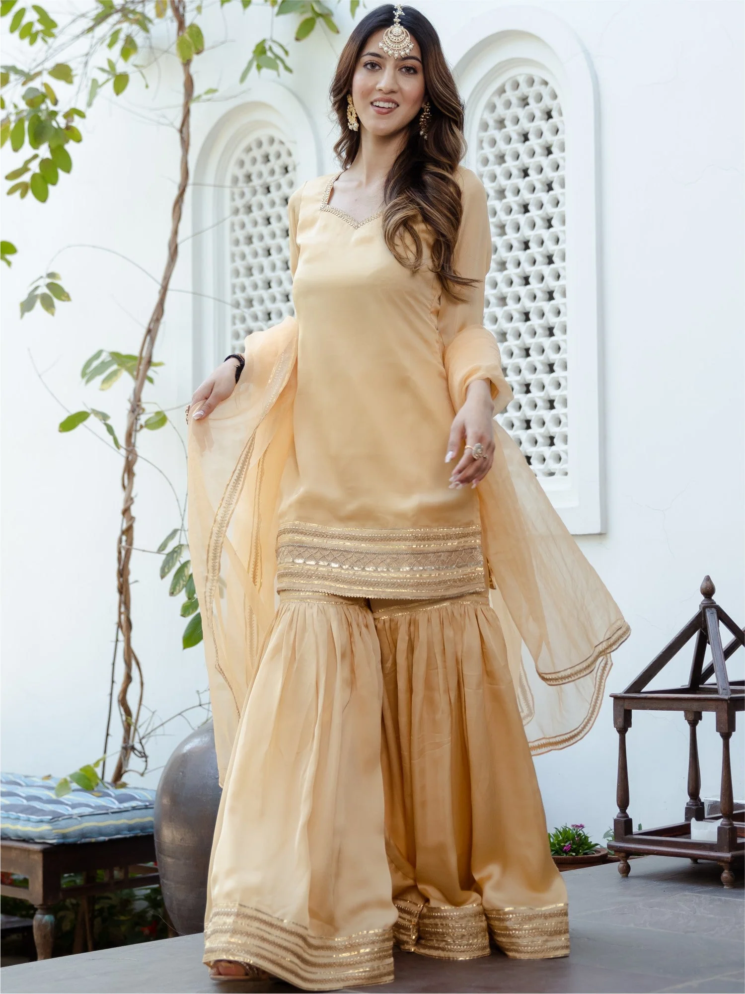 Beige Short Kurta Sharara Set - Image 5