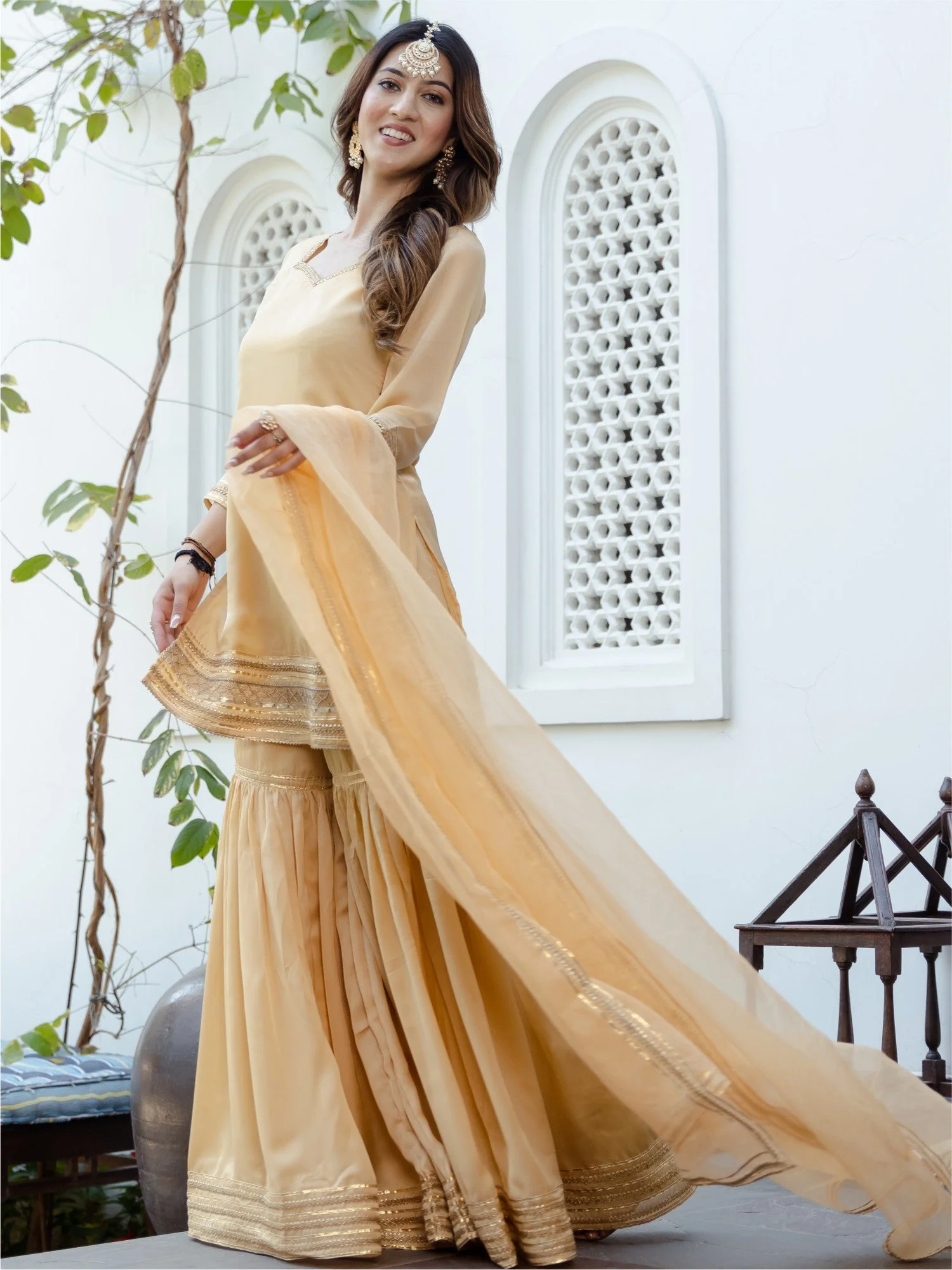 Beige Short Kurta Sharara Set - Image 6