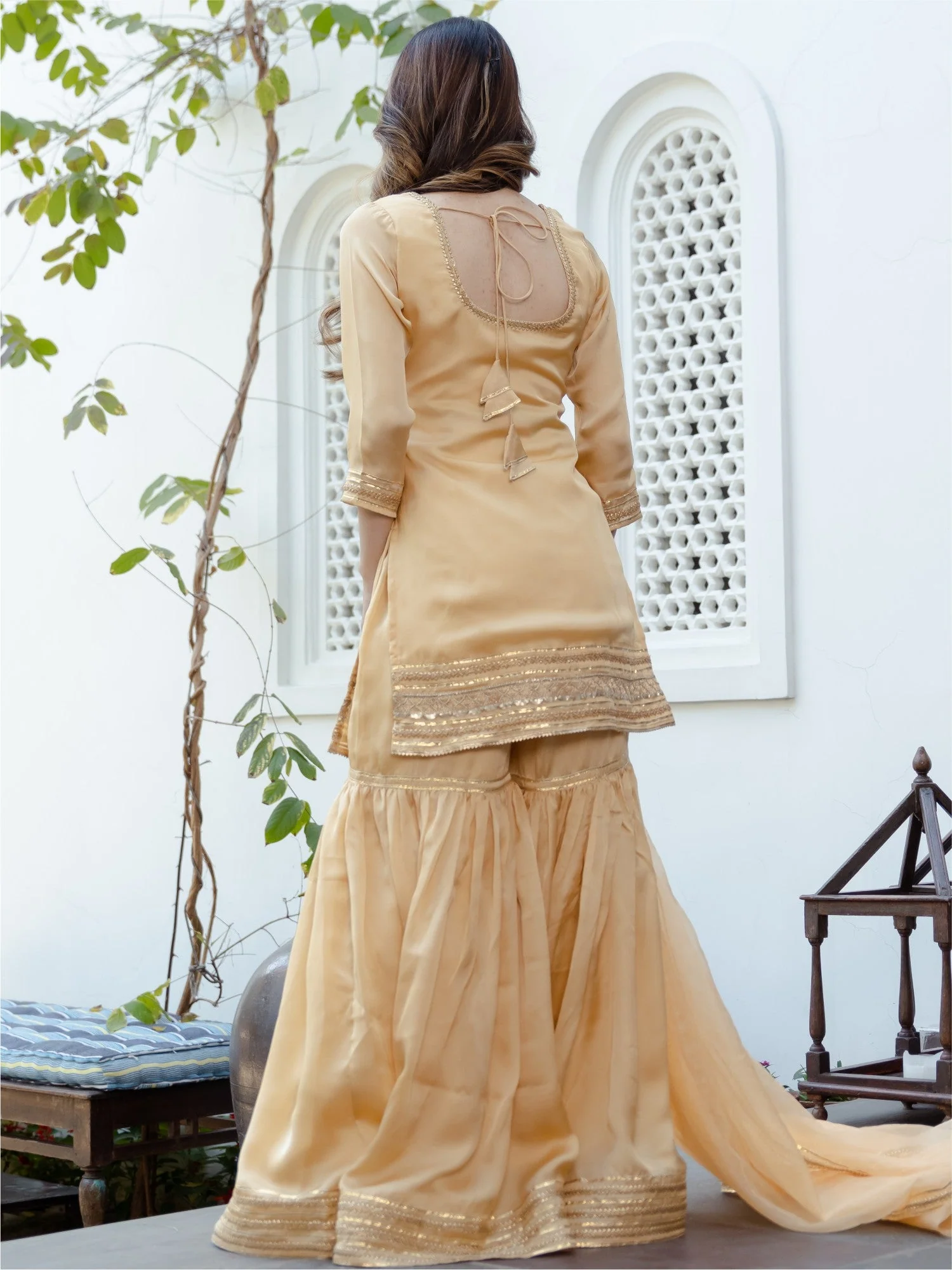 Beige Short Kurta Sharara Set - Image 7