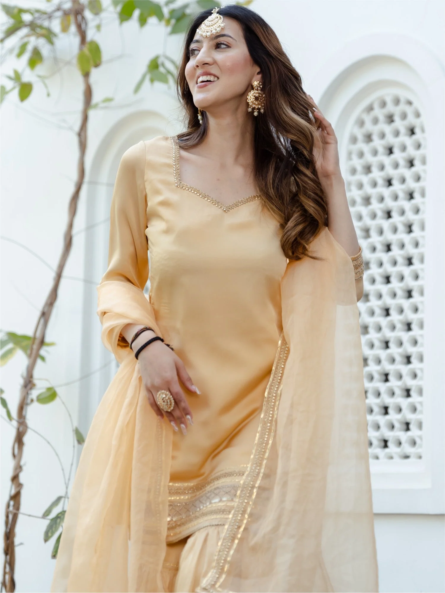Beige Short Kurta Sharara Set - Image 8
