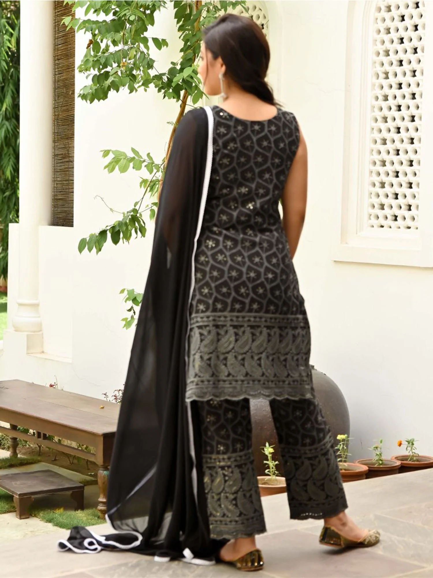 Black Embroidered Kurta Pant Set - Image 8