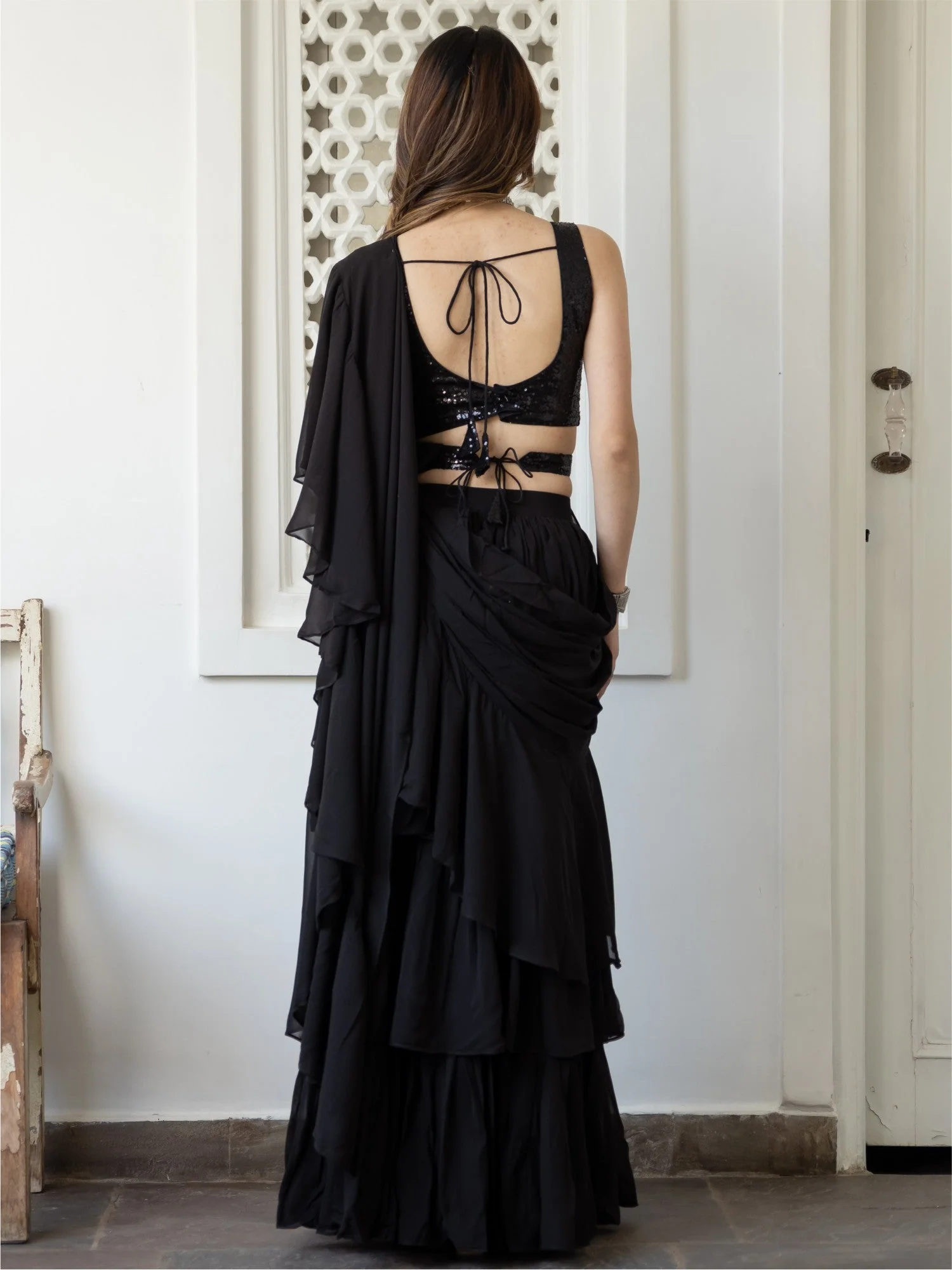 Black Georgette Saree With Stitched Blouse - Image 3