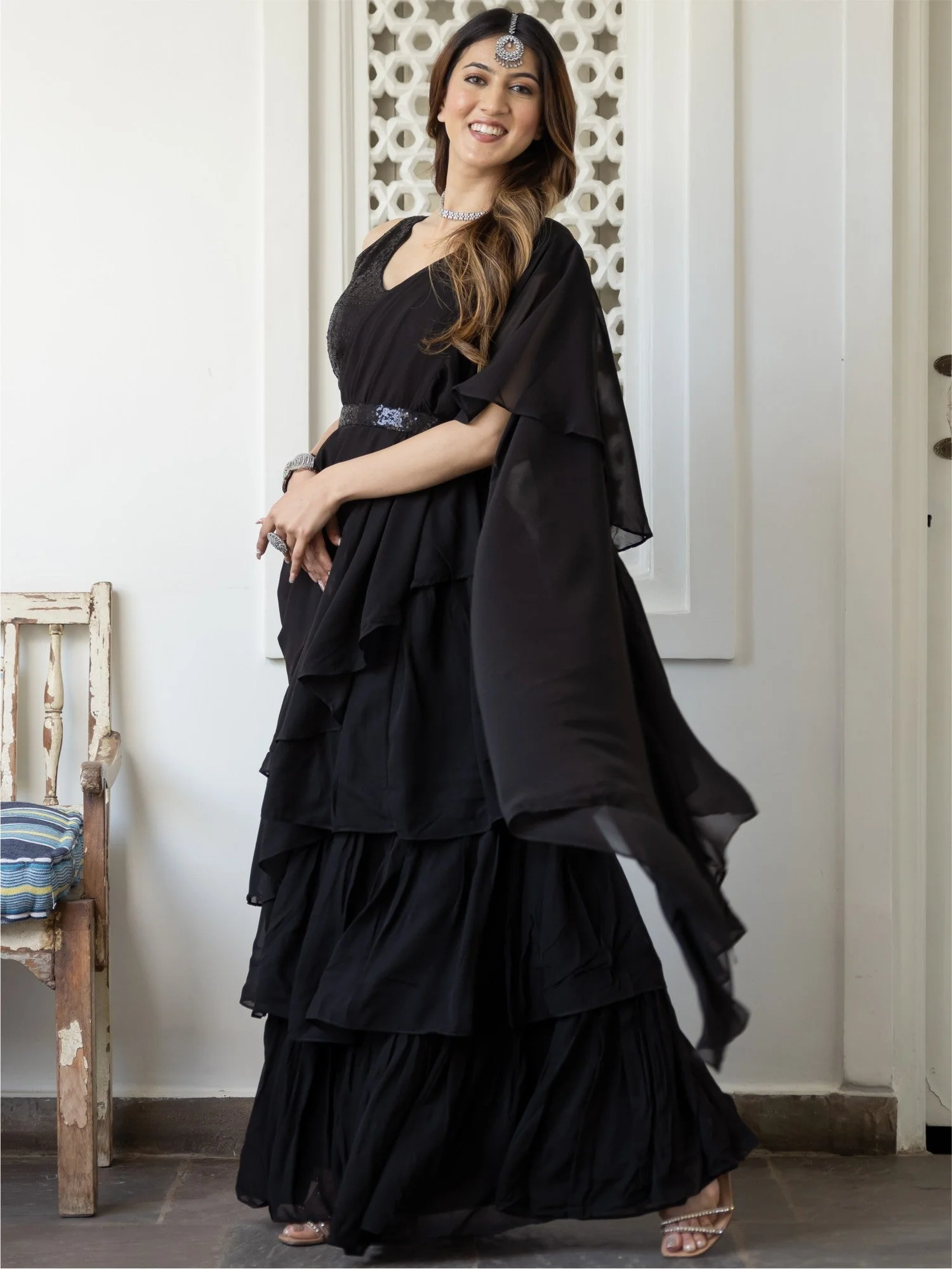 Black Georgette Saree With Stitched Blouse - Image 6