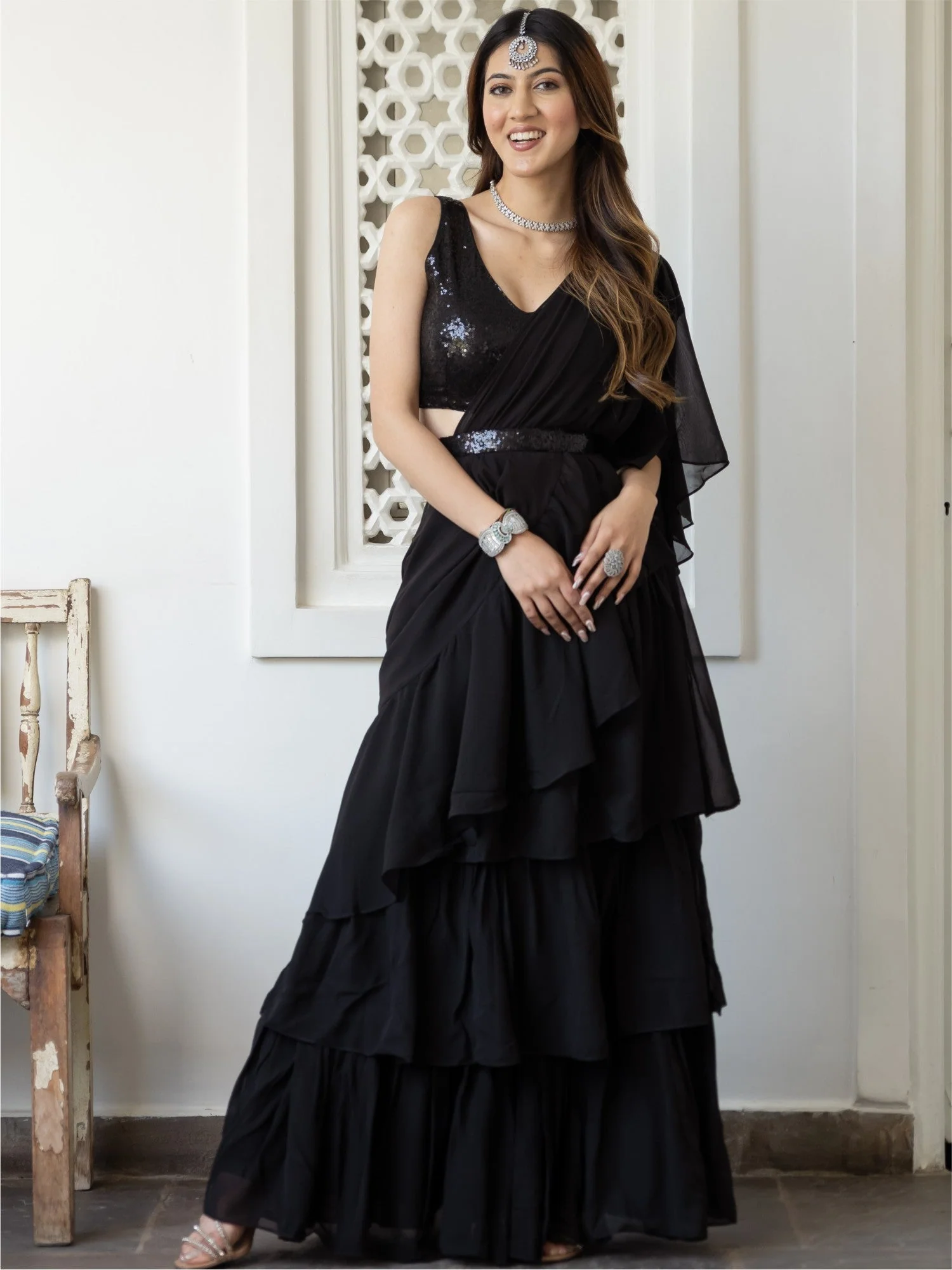 Black Georgette Saree With Stitched Blouse - Image 8
