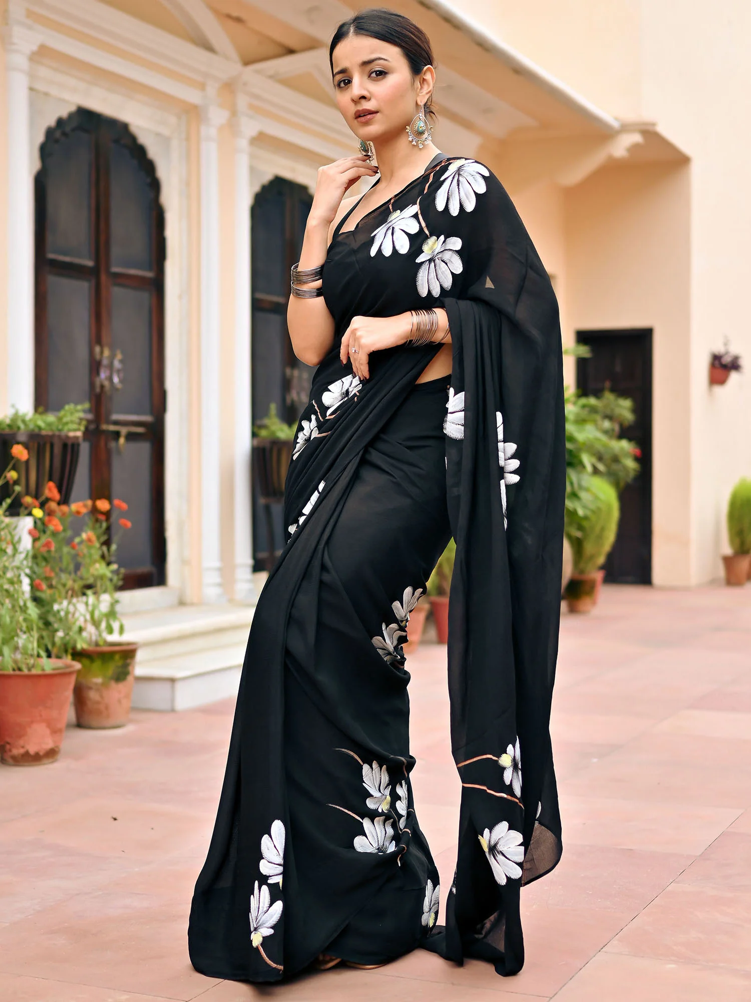 Black Handbrush Chiffon Saree - Image 3
