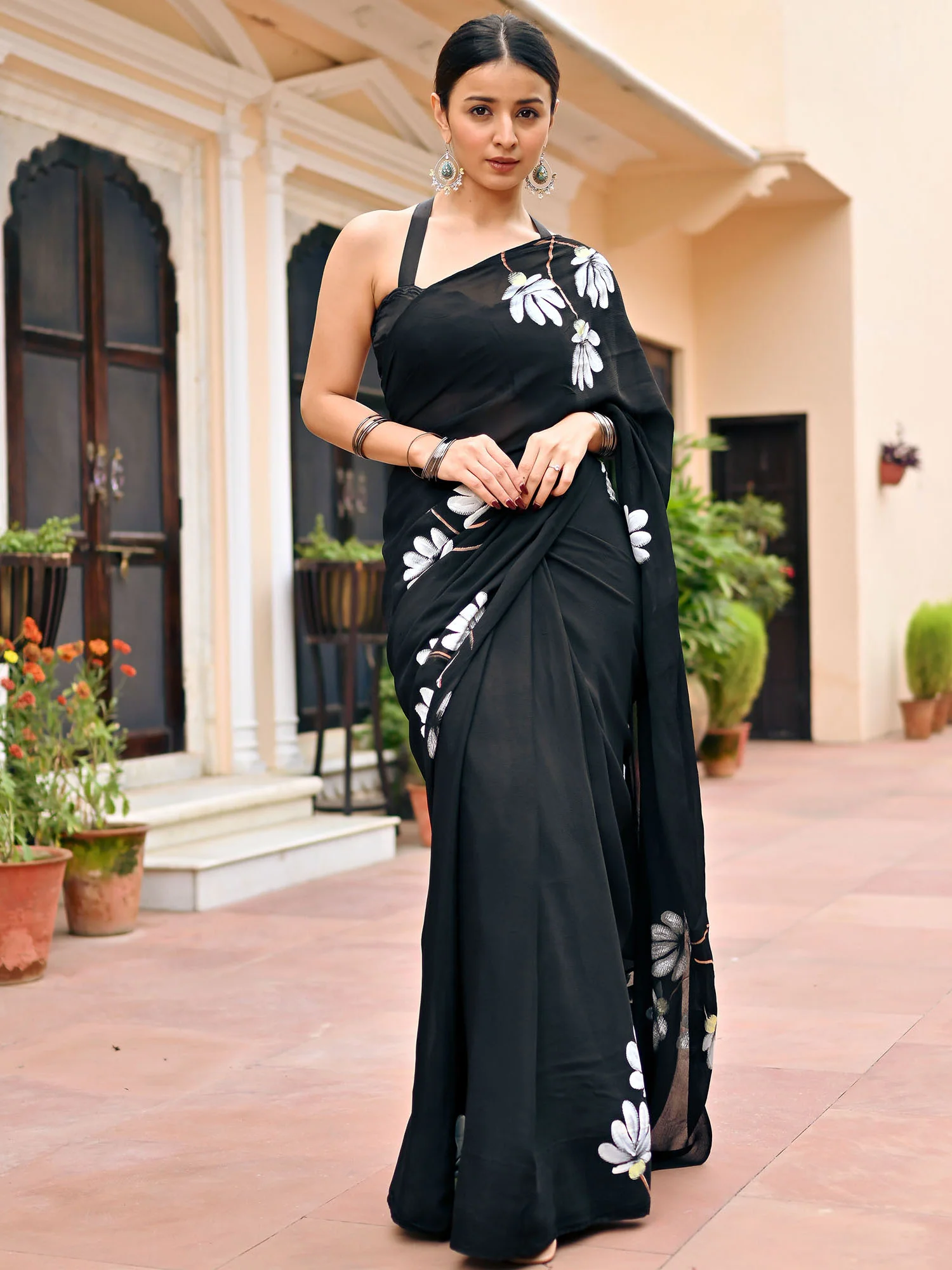 Black Handbrush Chiffon Saree - Image 4