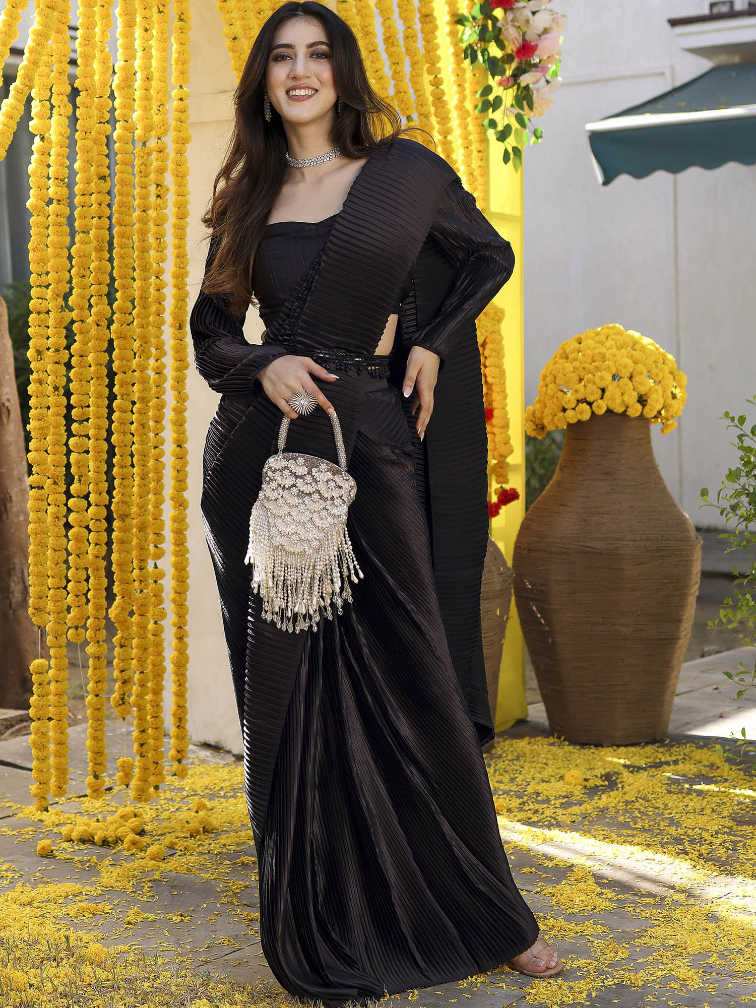 Black Pleated Pre-Draped Saree - Image 3