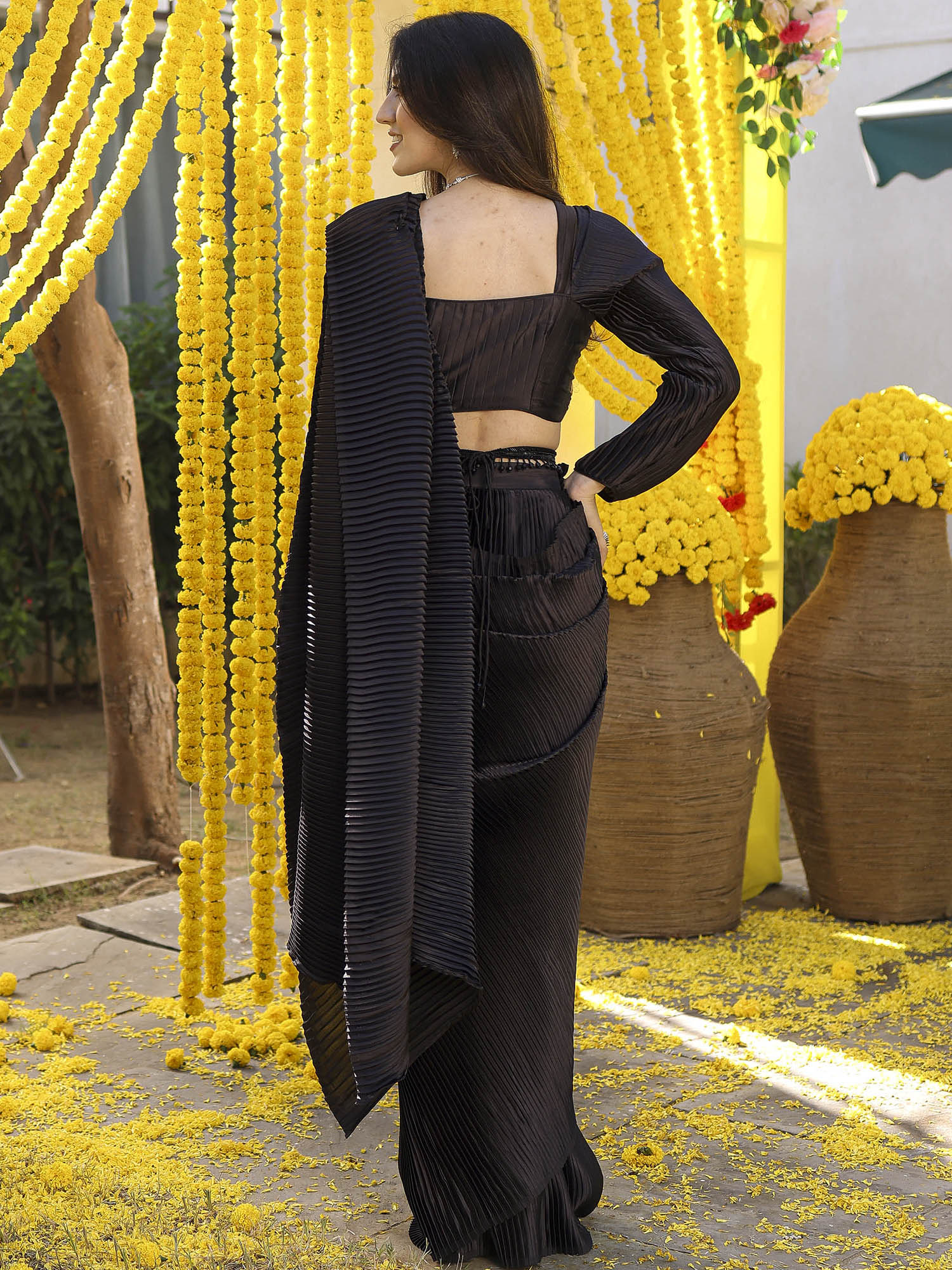 Black Pleated Pre-Draped Saree - Image 9