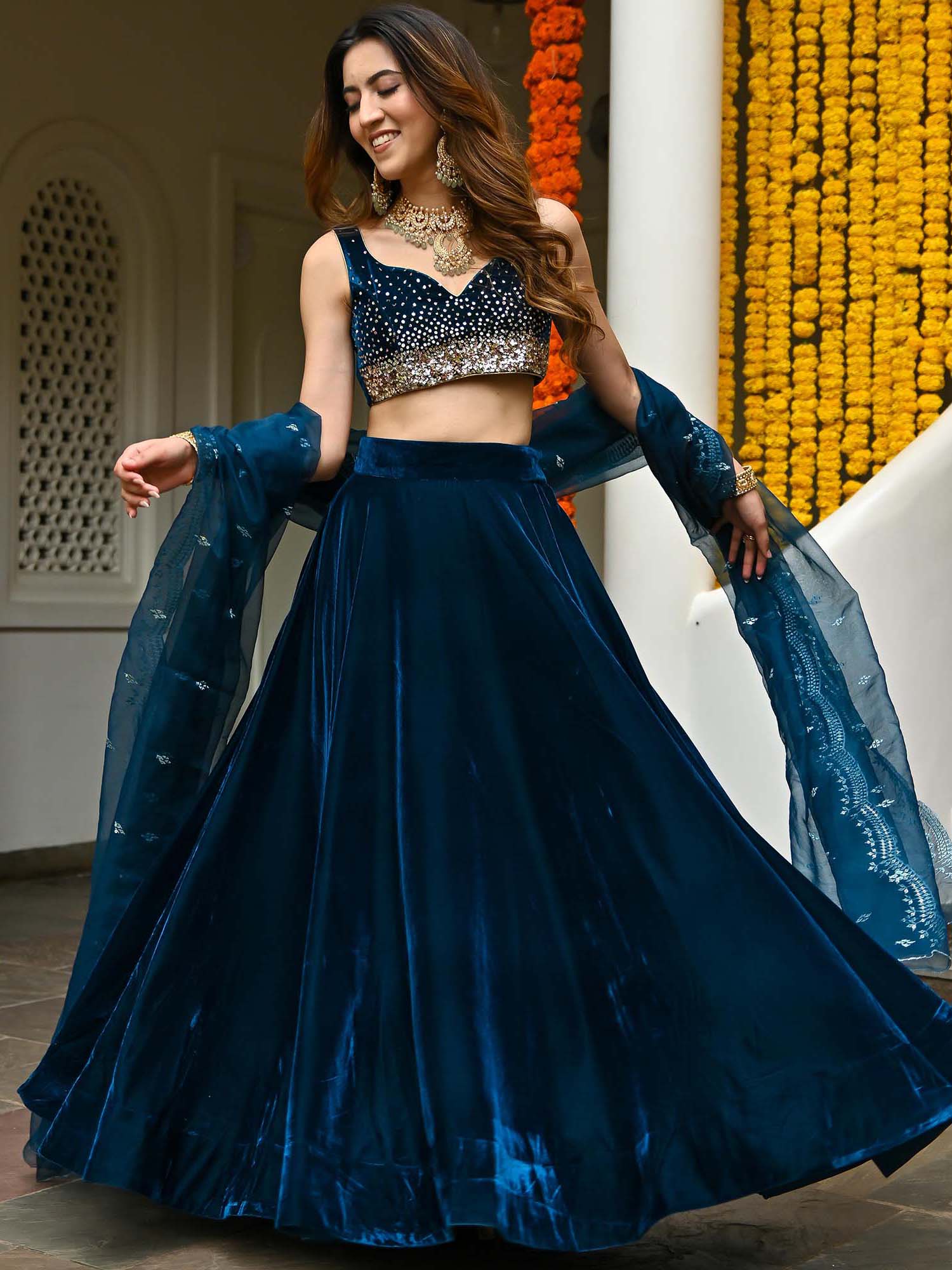 Blue Velvet Lehenga Set - Image 4