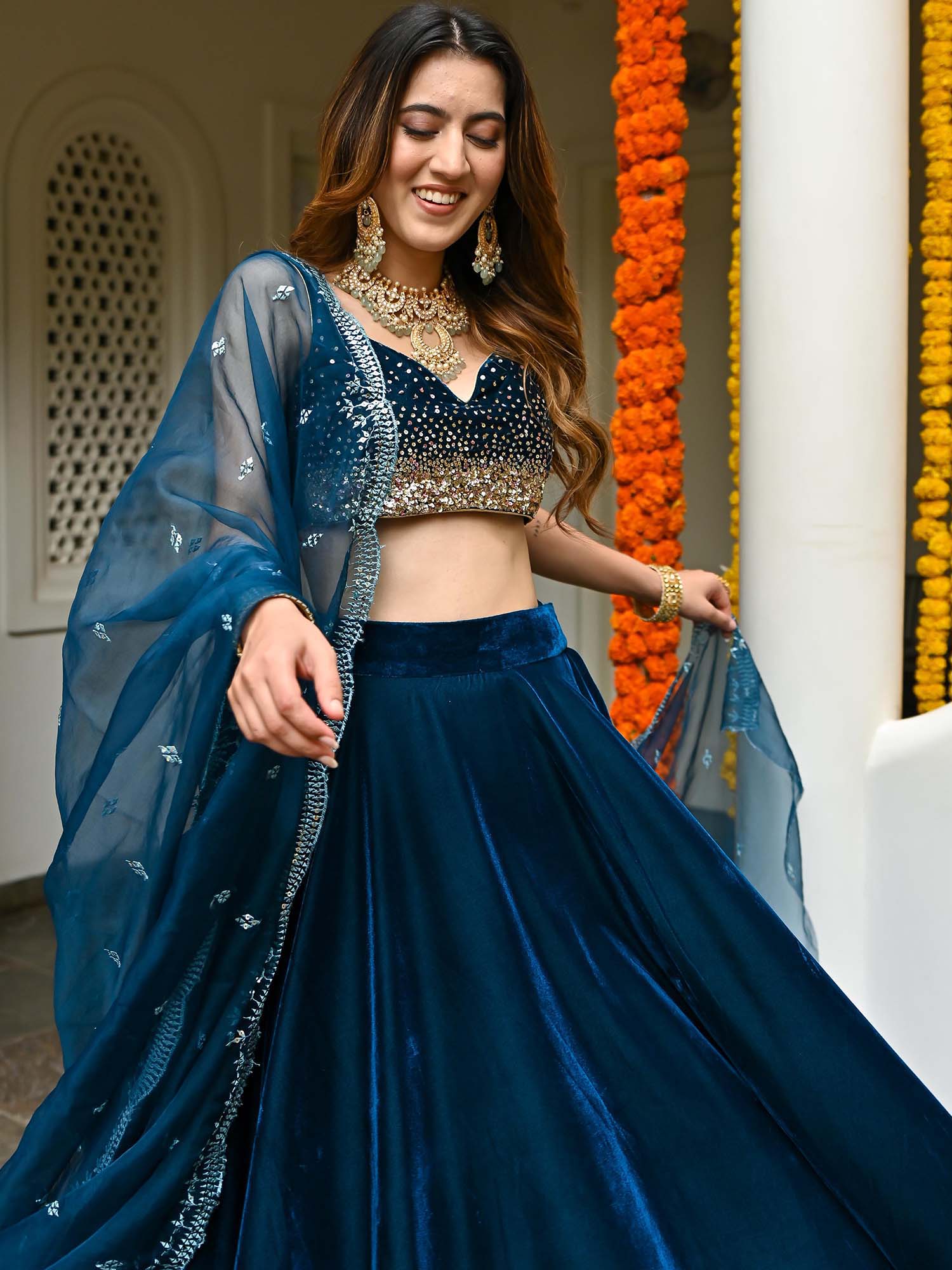 Blue Velvet Lehenga Set - Image 5