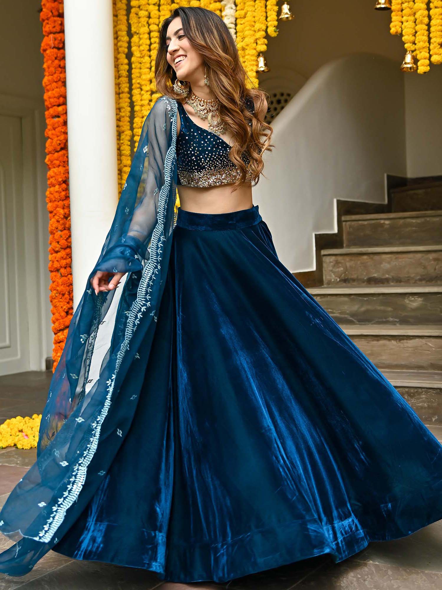 Blue Velvet Lehenga Set - Image 6