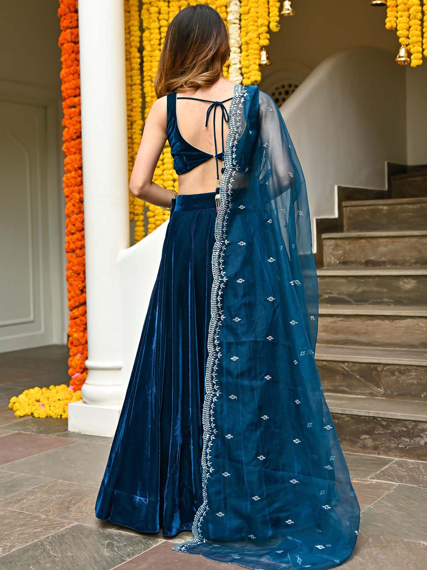 Blue Velvet Lehenga Set - Image 7