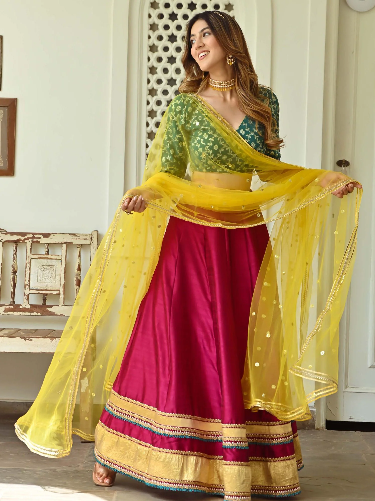 Green and Pink Lehenga - Image 9