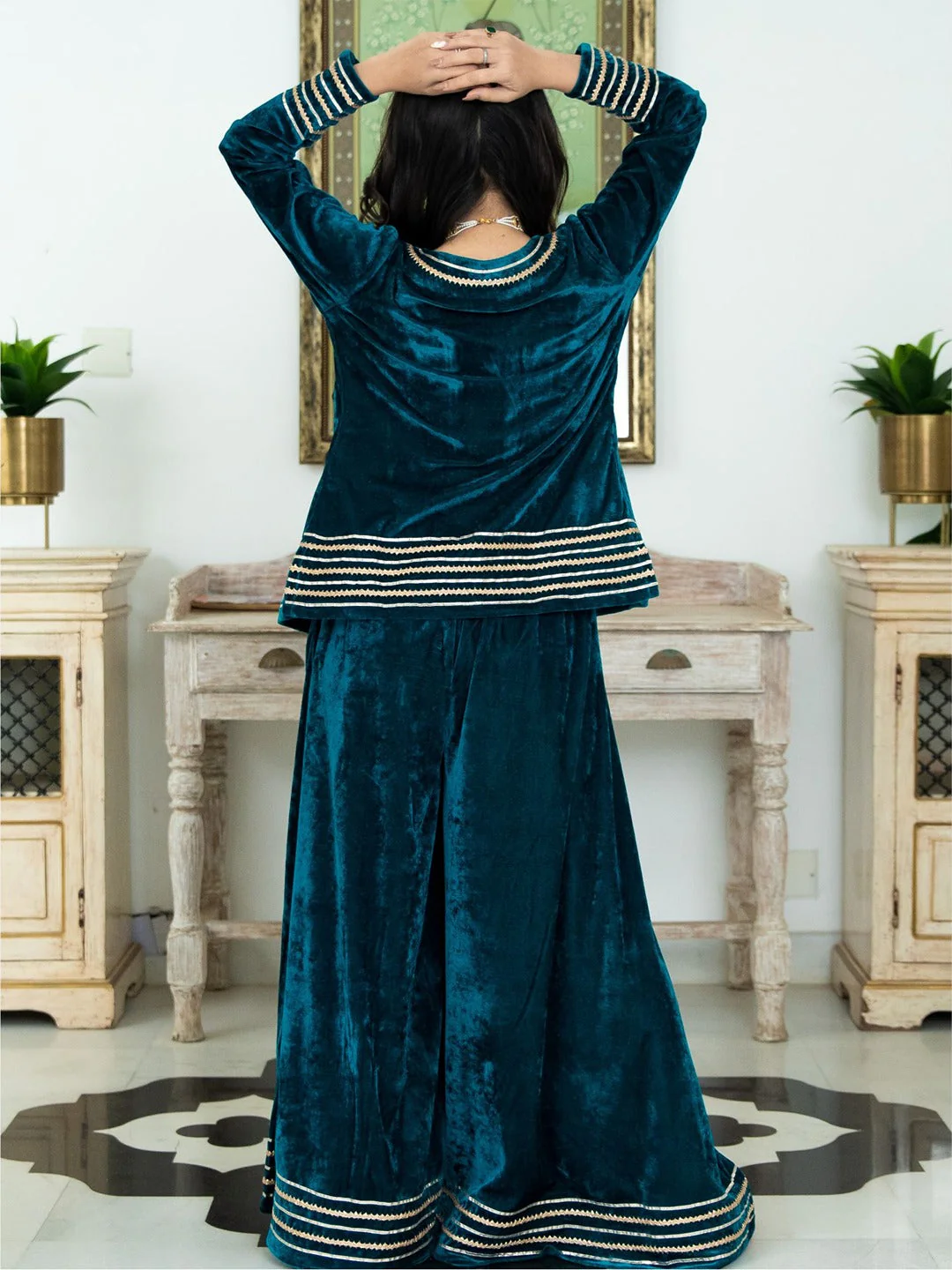 Green and Red Velvet Top Palazzo Set - Image 3