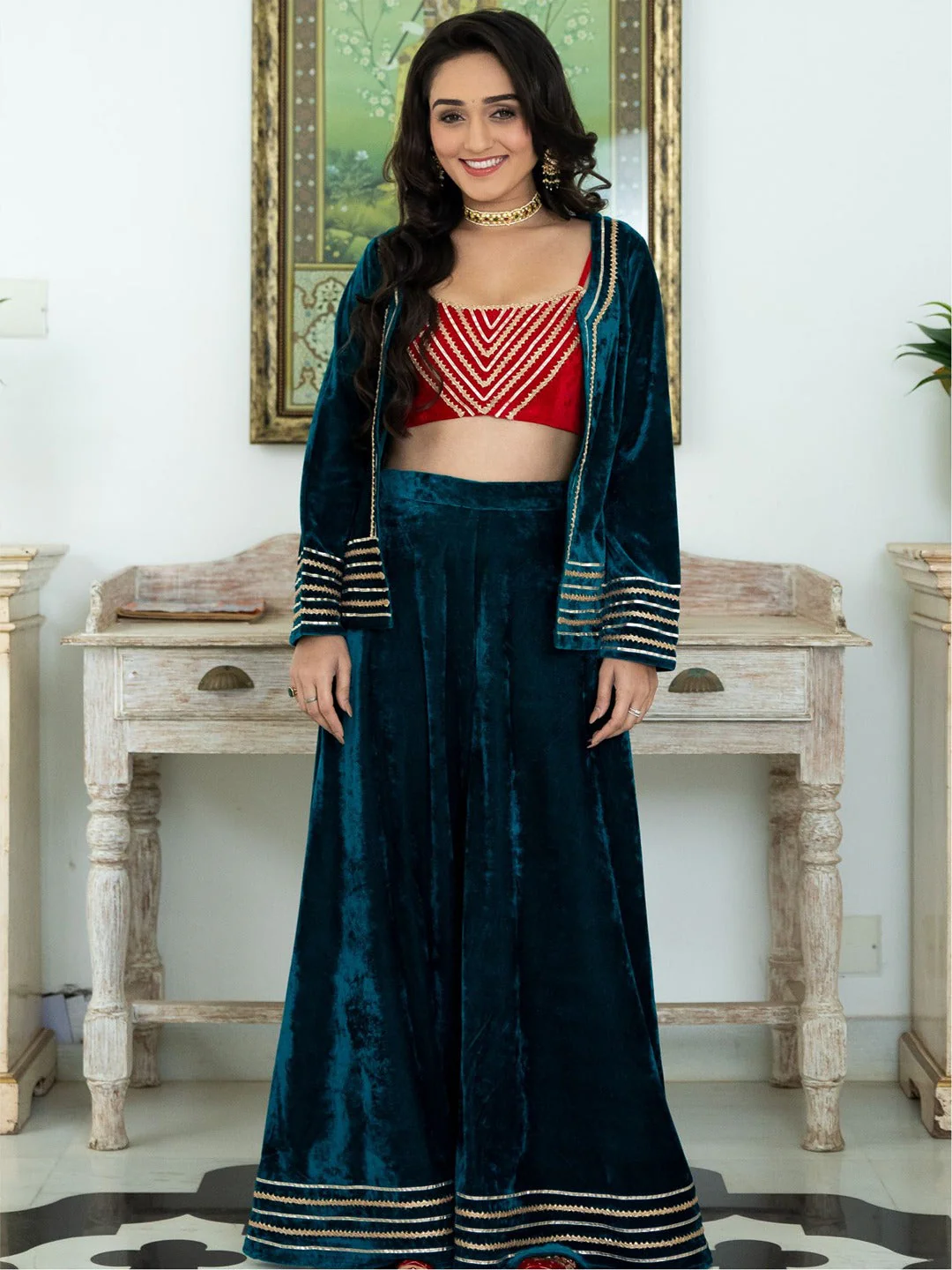Green and Red Velvet Top Palazzo Set - Image 4