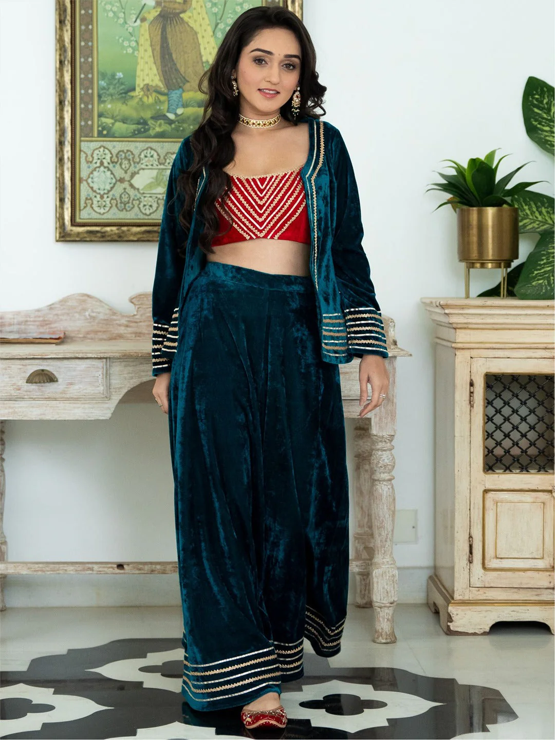 Green and Red Velvet Top Palazzo Set - Image 5