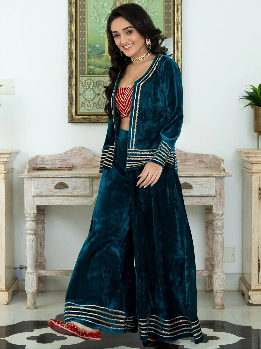 Green and Red Velvet Top Palazzo Set - Image 6