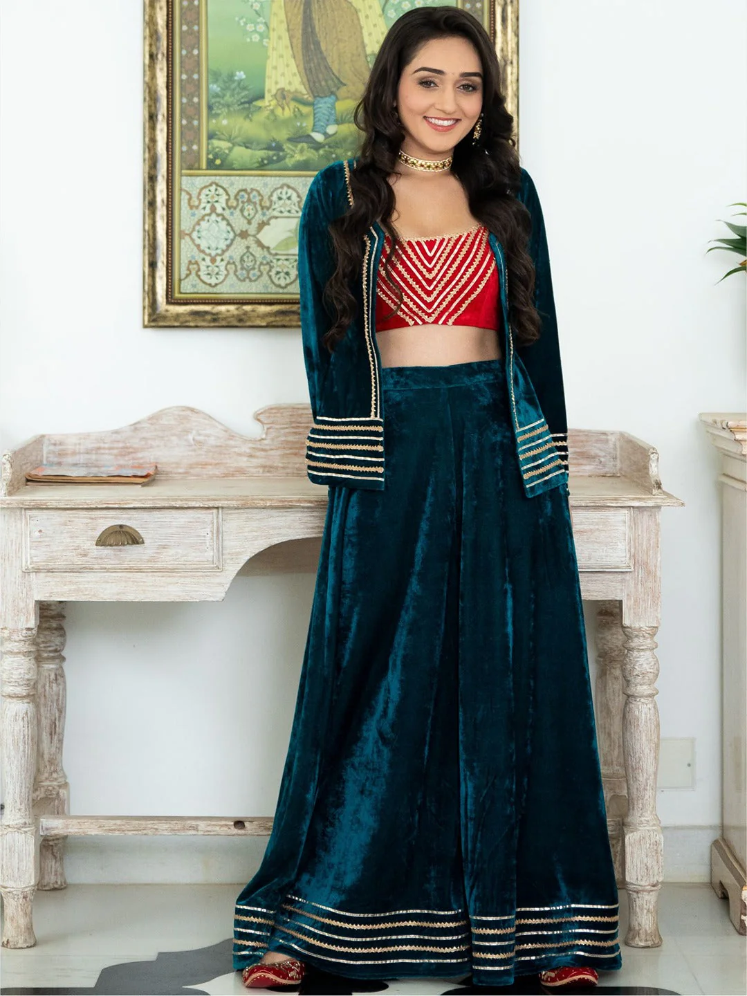 Green and Red Velvet Top Palazzo Set - Image 7