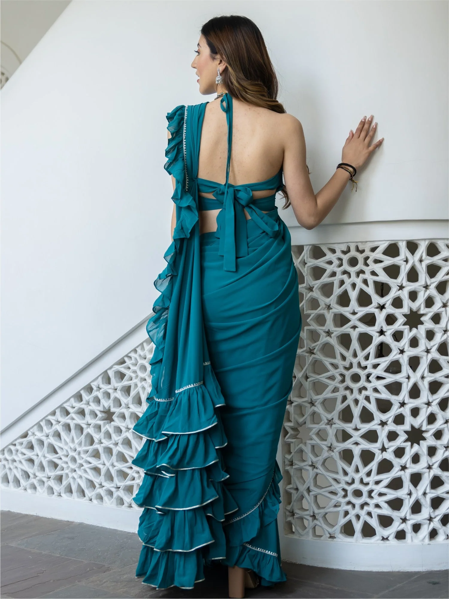 Green Georgette Stitched Saree - Image 3
