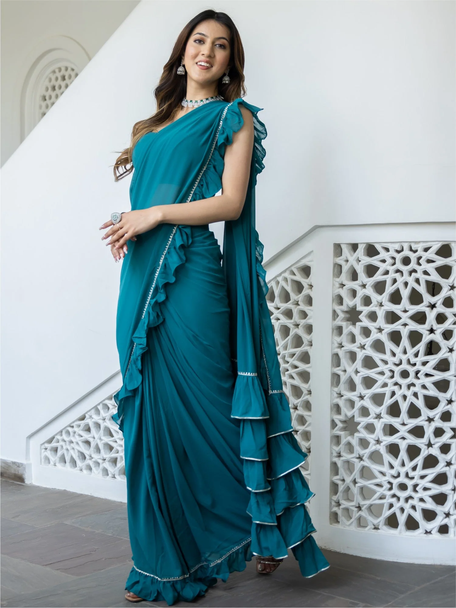 Green Georgette Stitched Saree - Image 4