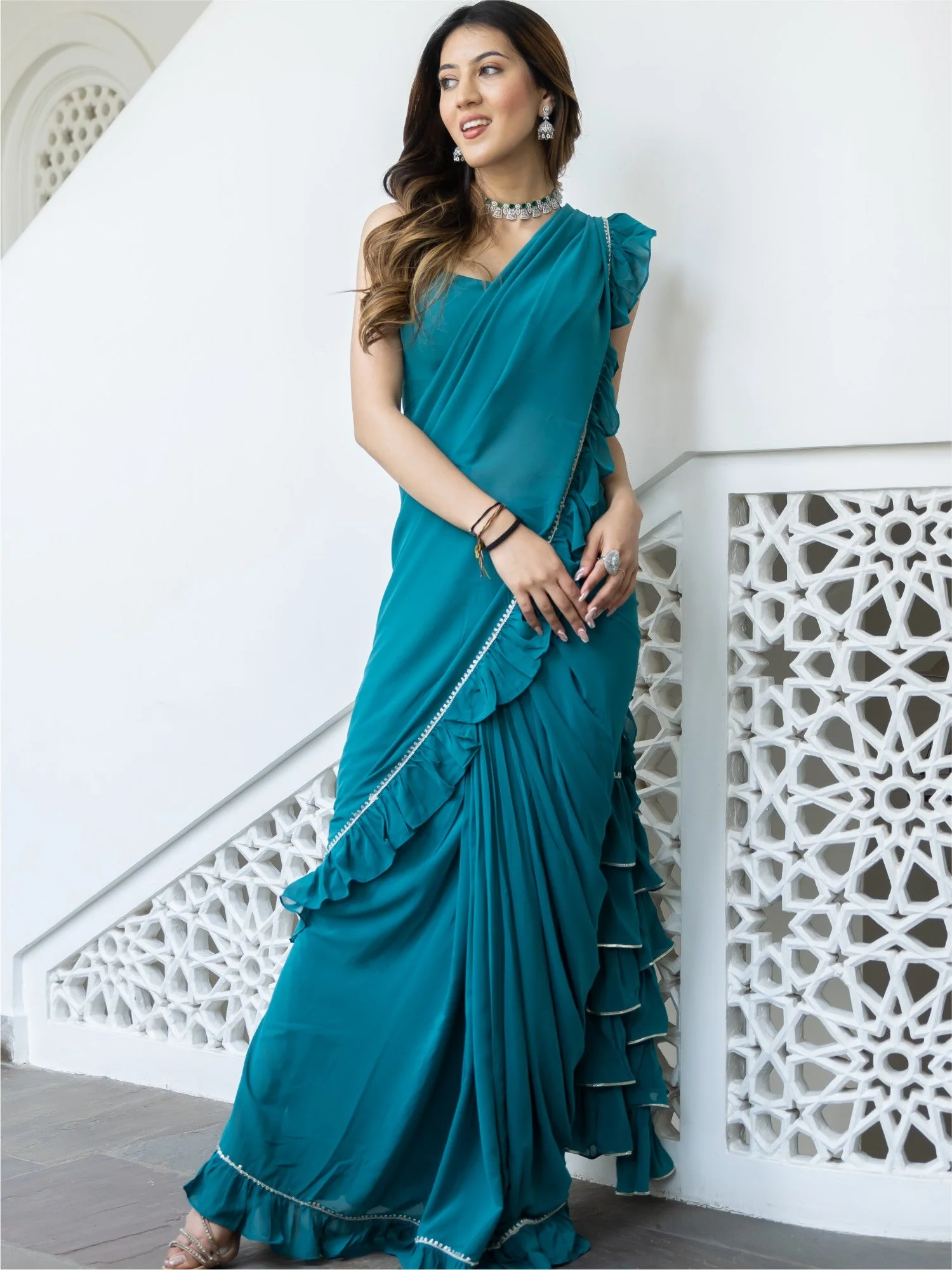 Green Georgette Stitched Saree - Image 5