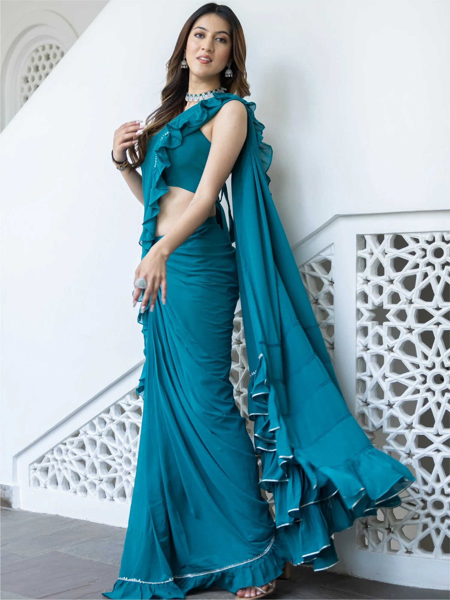 Green Georgette Stitched Saree - Image 6