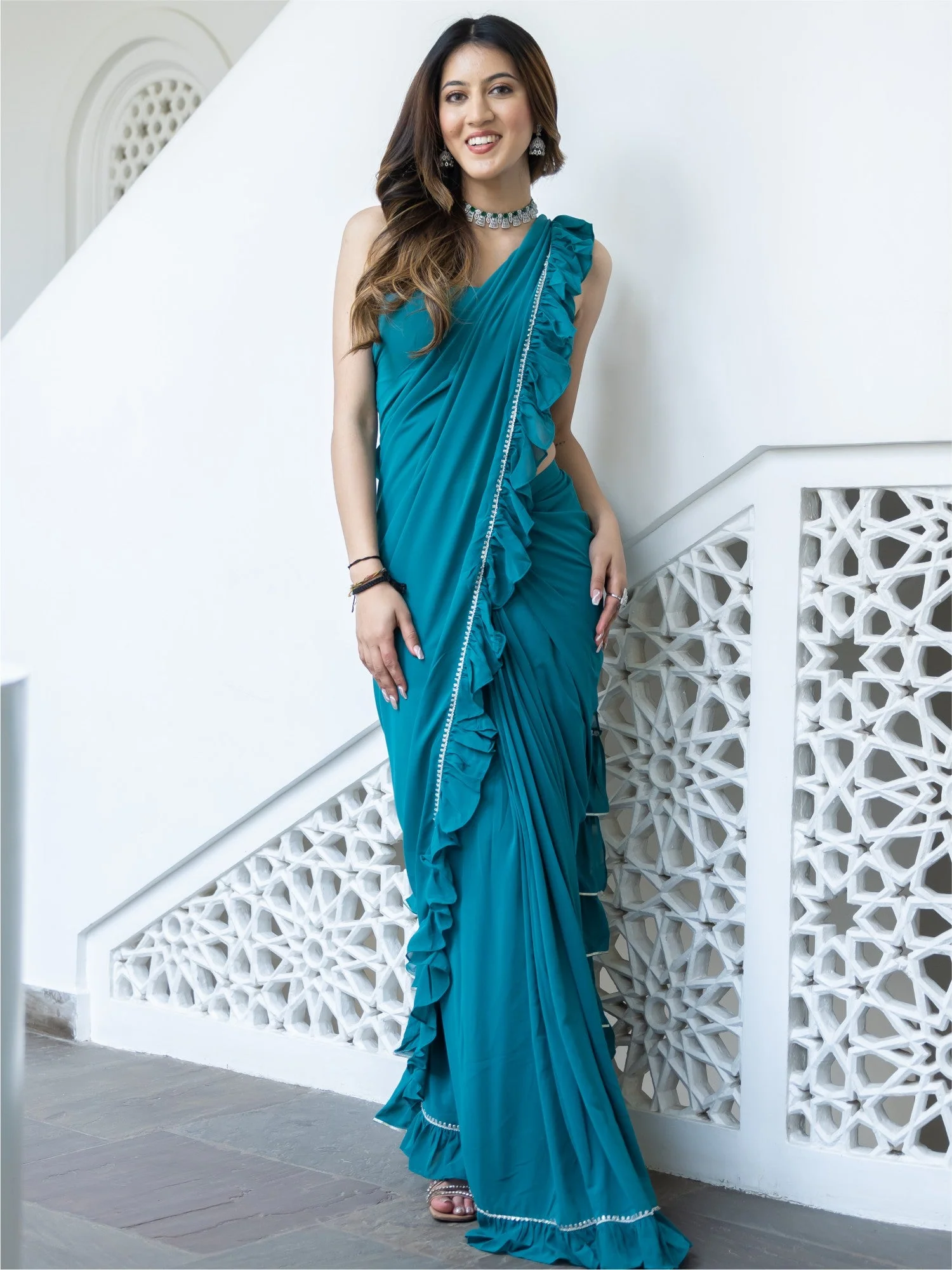 Green Georgette Stitched Saree - Image 7