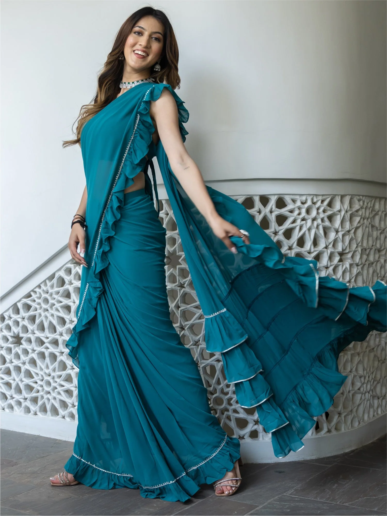 Green Georgette Stitched Saree - Image 8