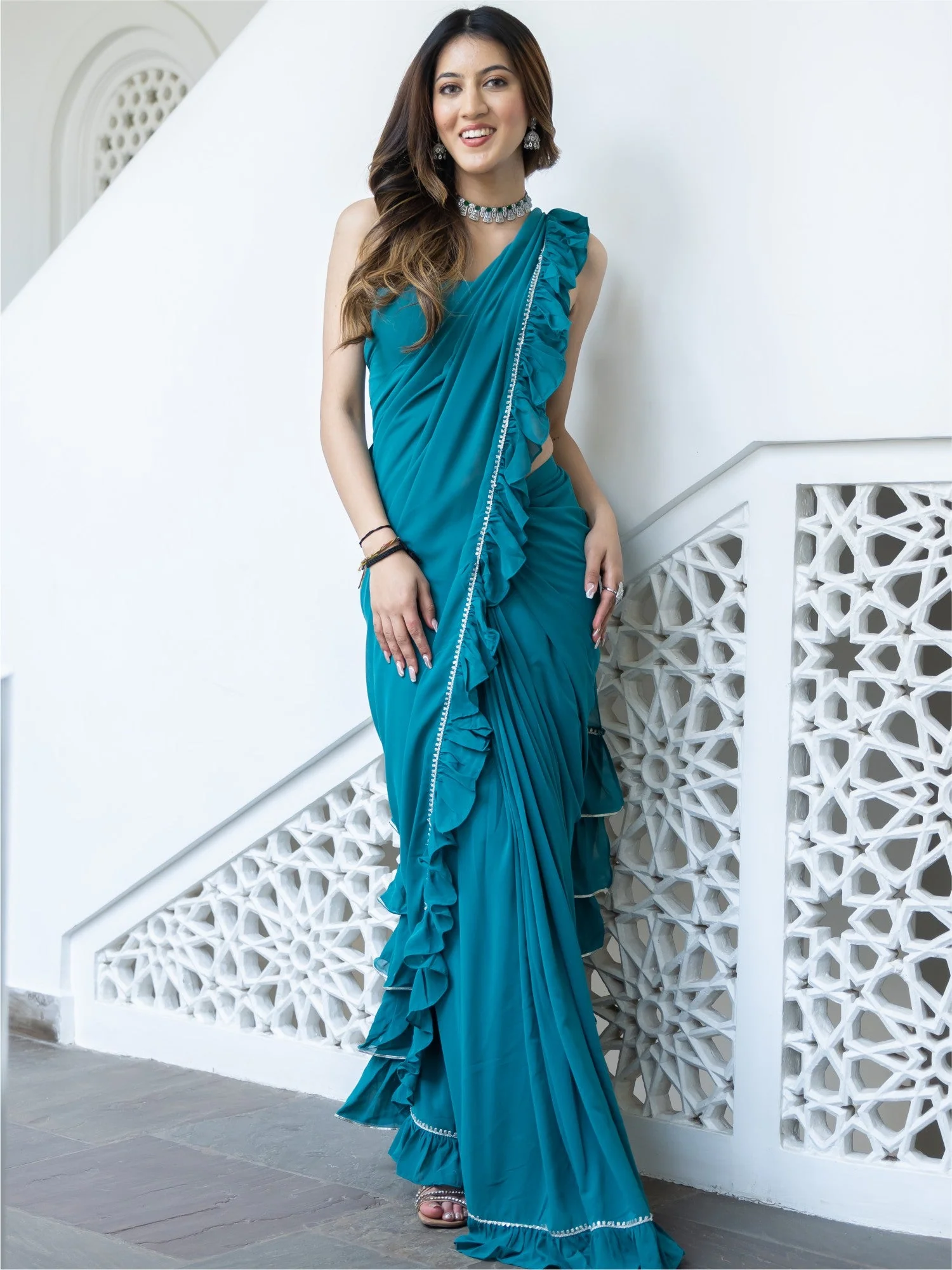 Green Georgette Stitched Saree - Image 9