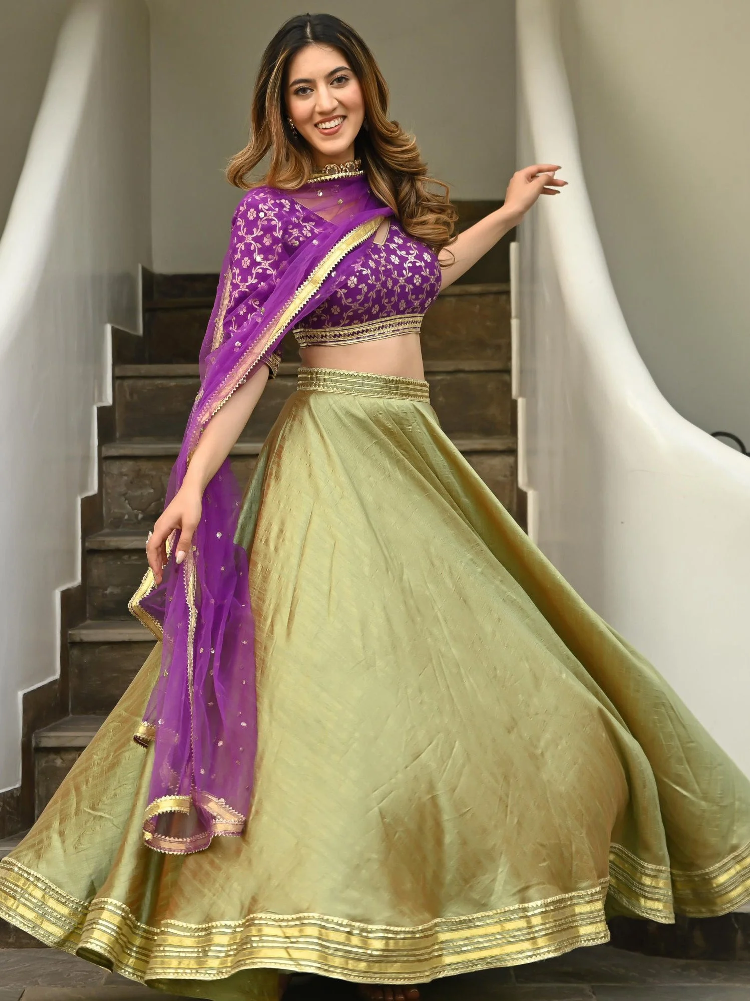 Green & Purple Brocade Lehenga - Image 3
