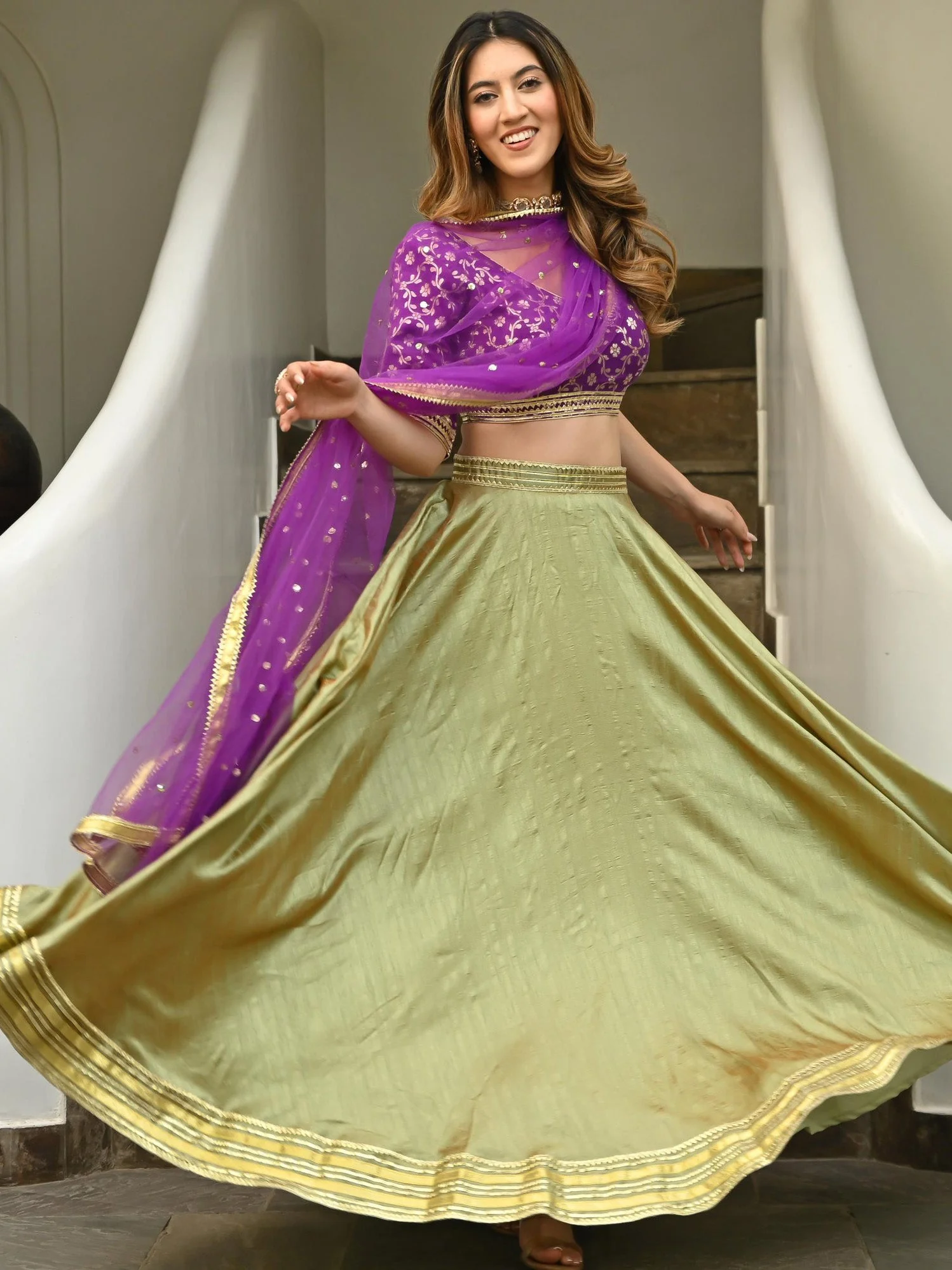 Green & Purple Brocade Lehenga - Image 4