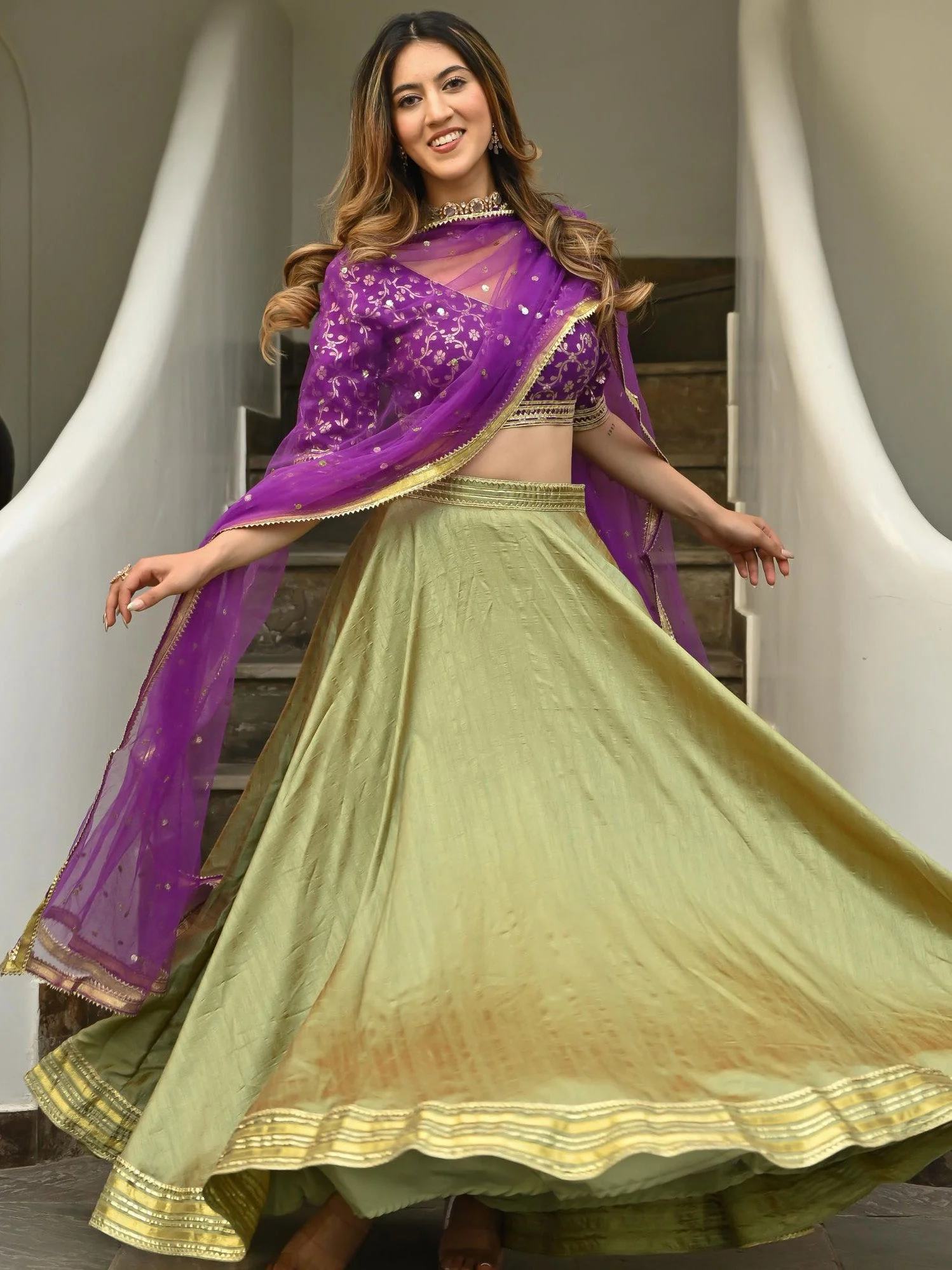 Green & Purple Brocade Lehenga - Image 8