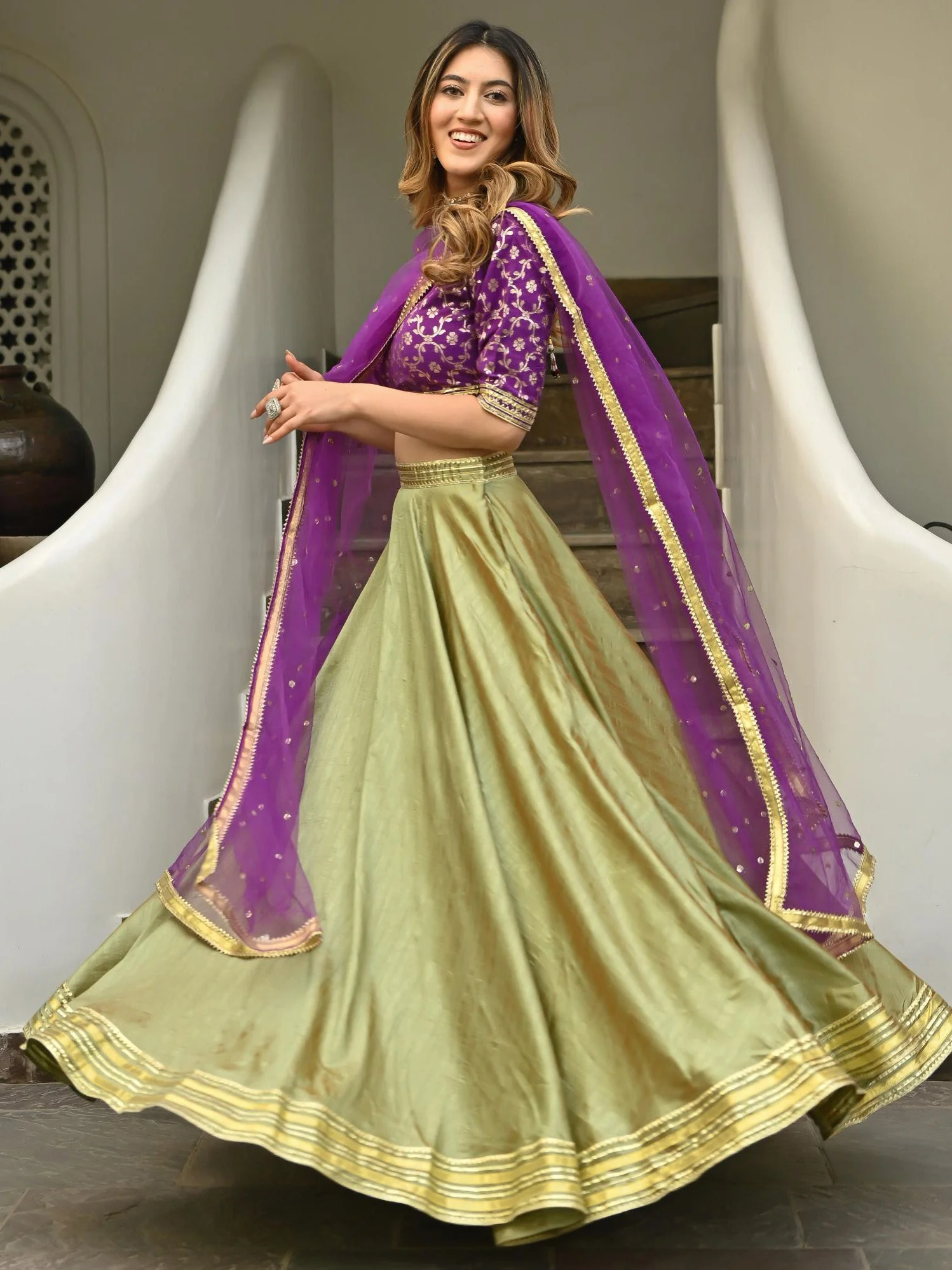 Green & Purple Brocade Lehenga - Image 9