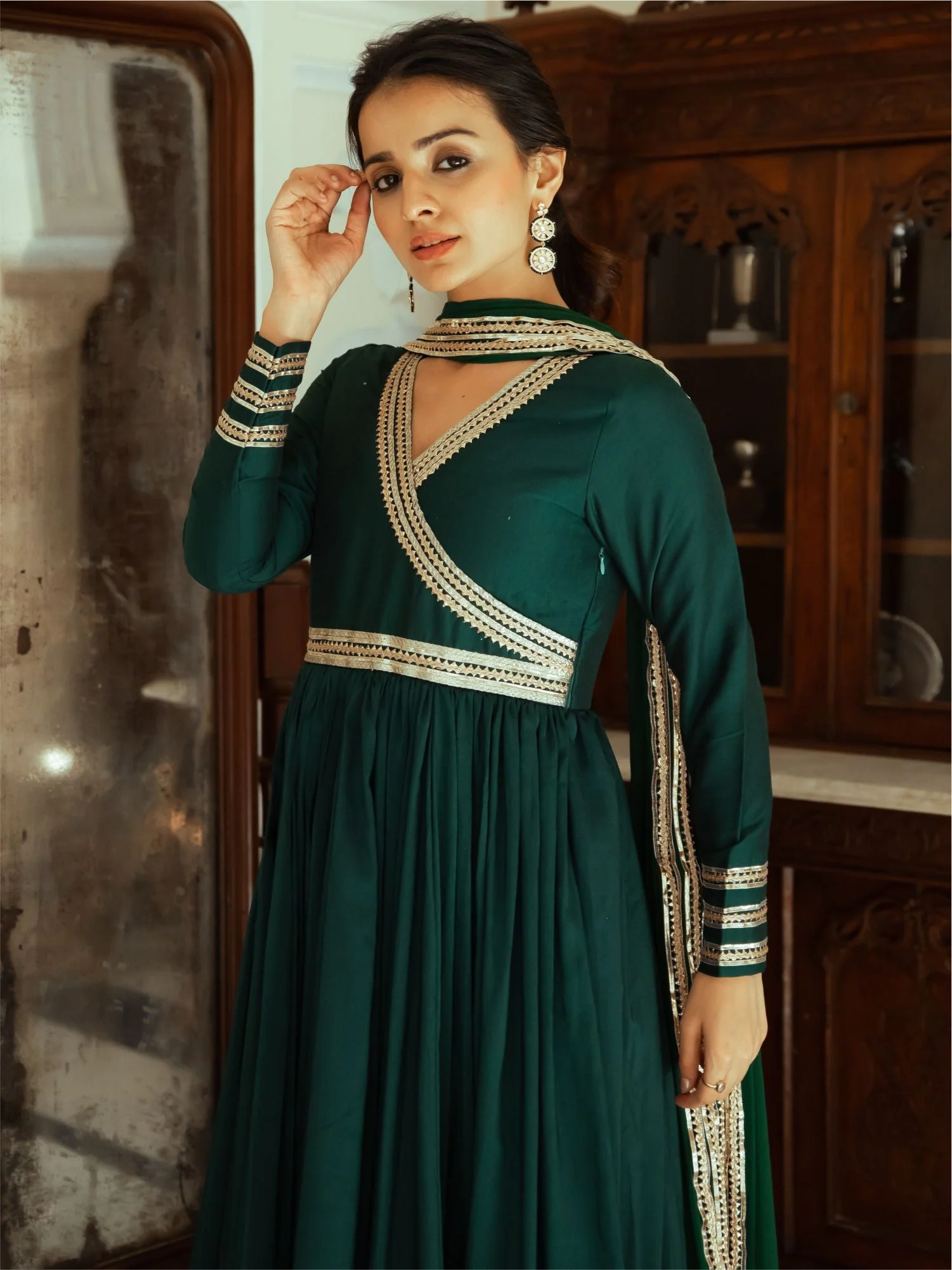 Green Silk Anarkali Dupatta Set - Image 6