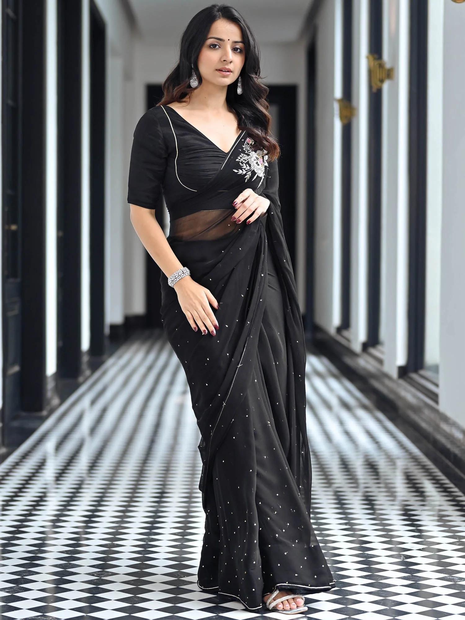 Maharani Black Chiffon Saree - Image 4