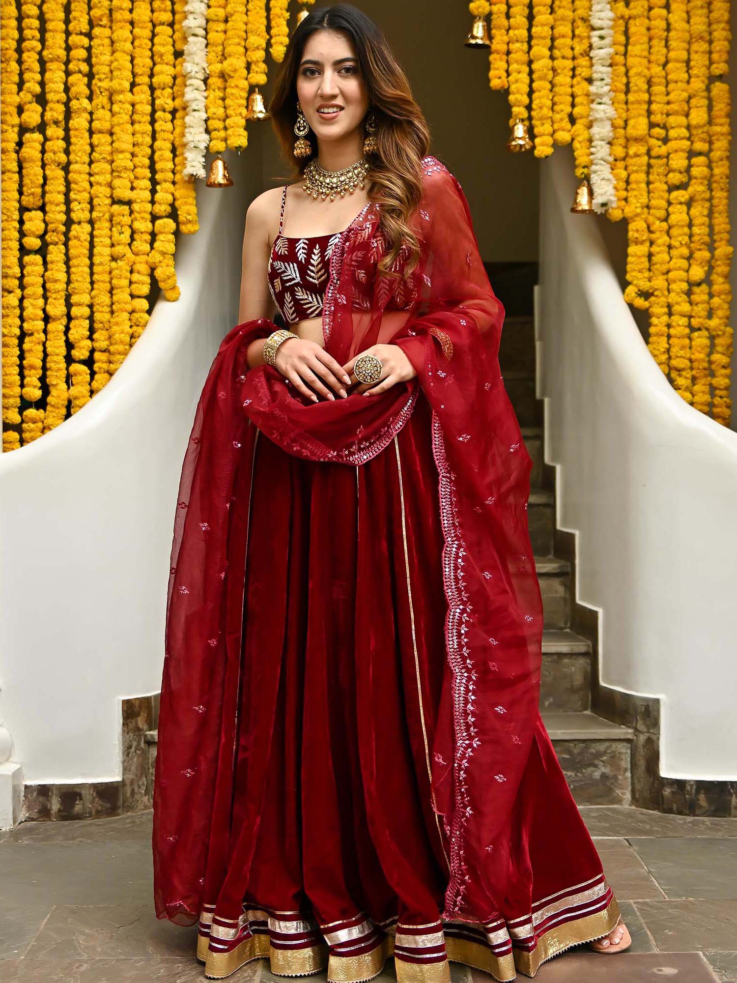 Maroon Velvet Lehenga Set - Image 3