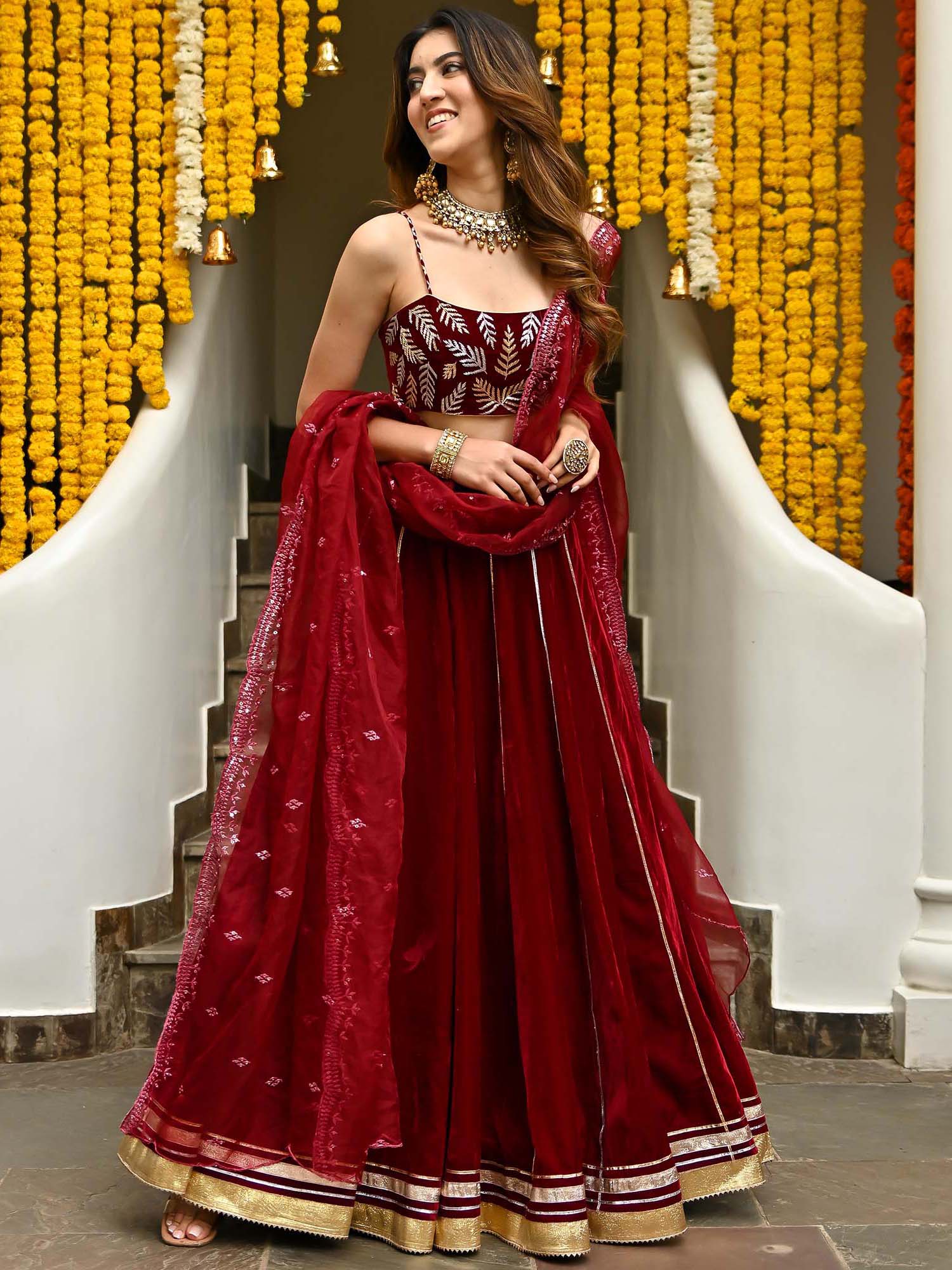 Maroon Velvet Lehenga Set - Image 4