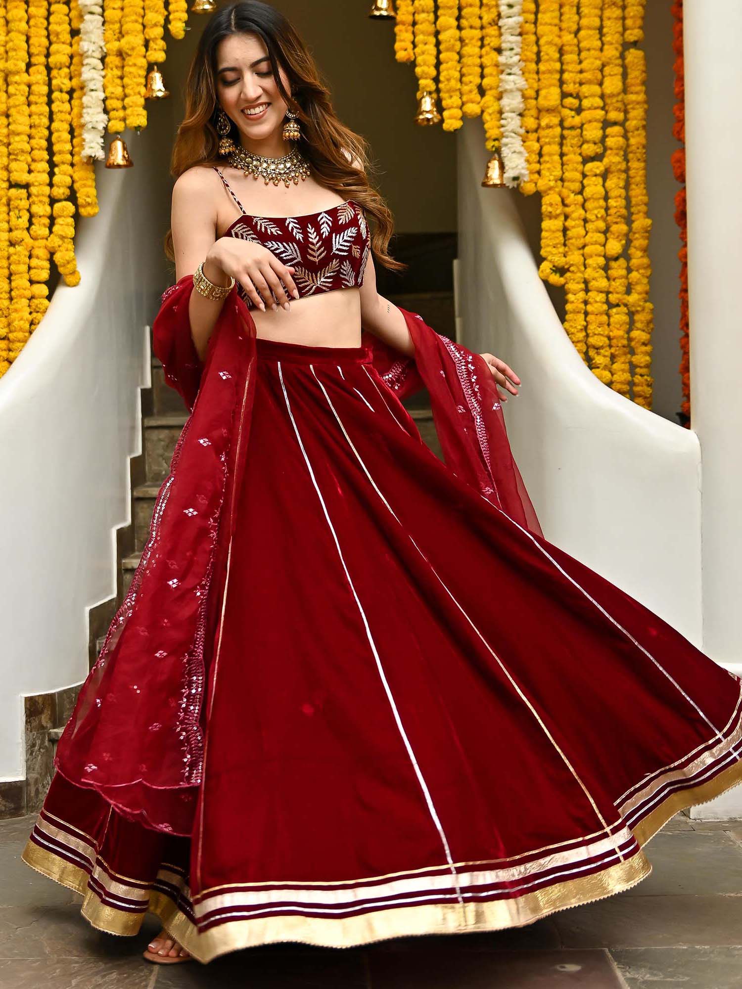Maroon Velvet Lehenga Set - Image 5