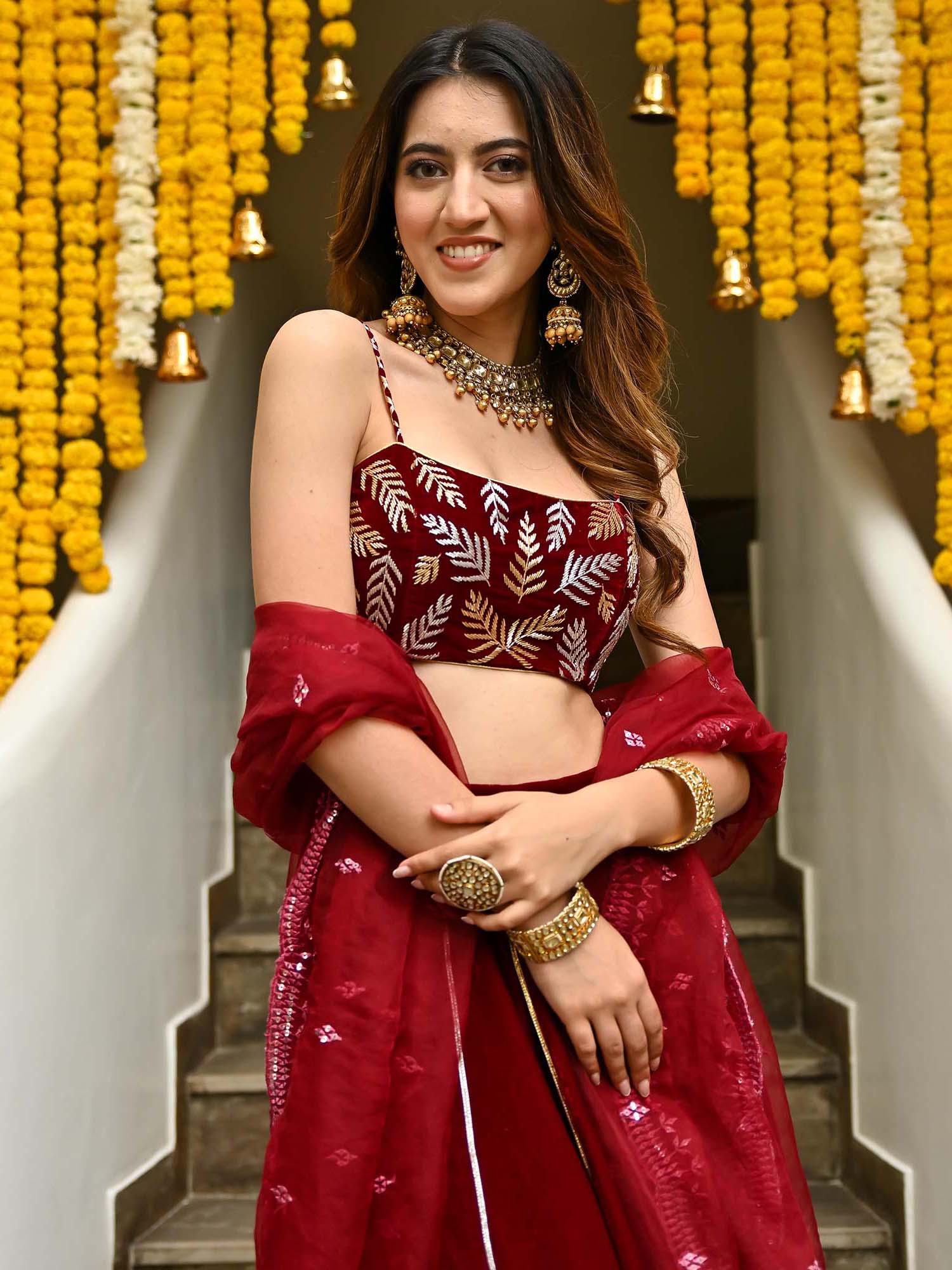 Maroon Velvet Lehenga Set - Image 6