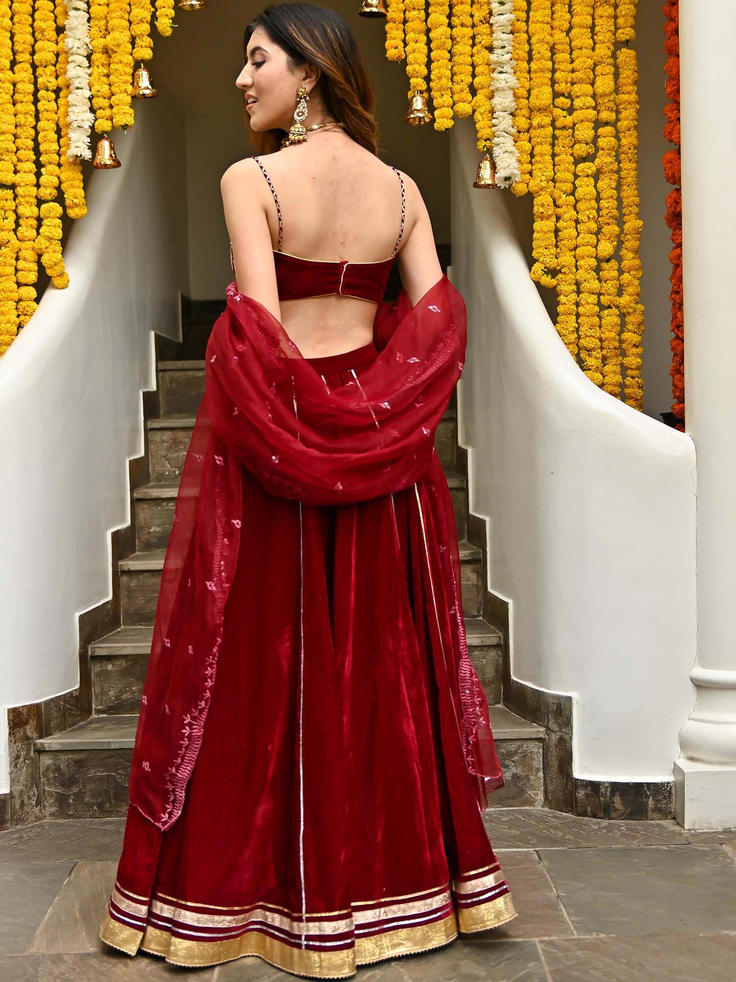 Maroon Velvet Lehenga Set - Image 7