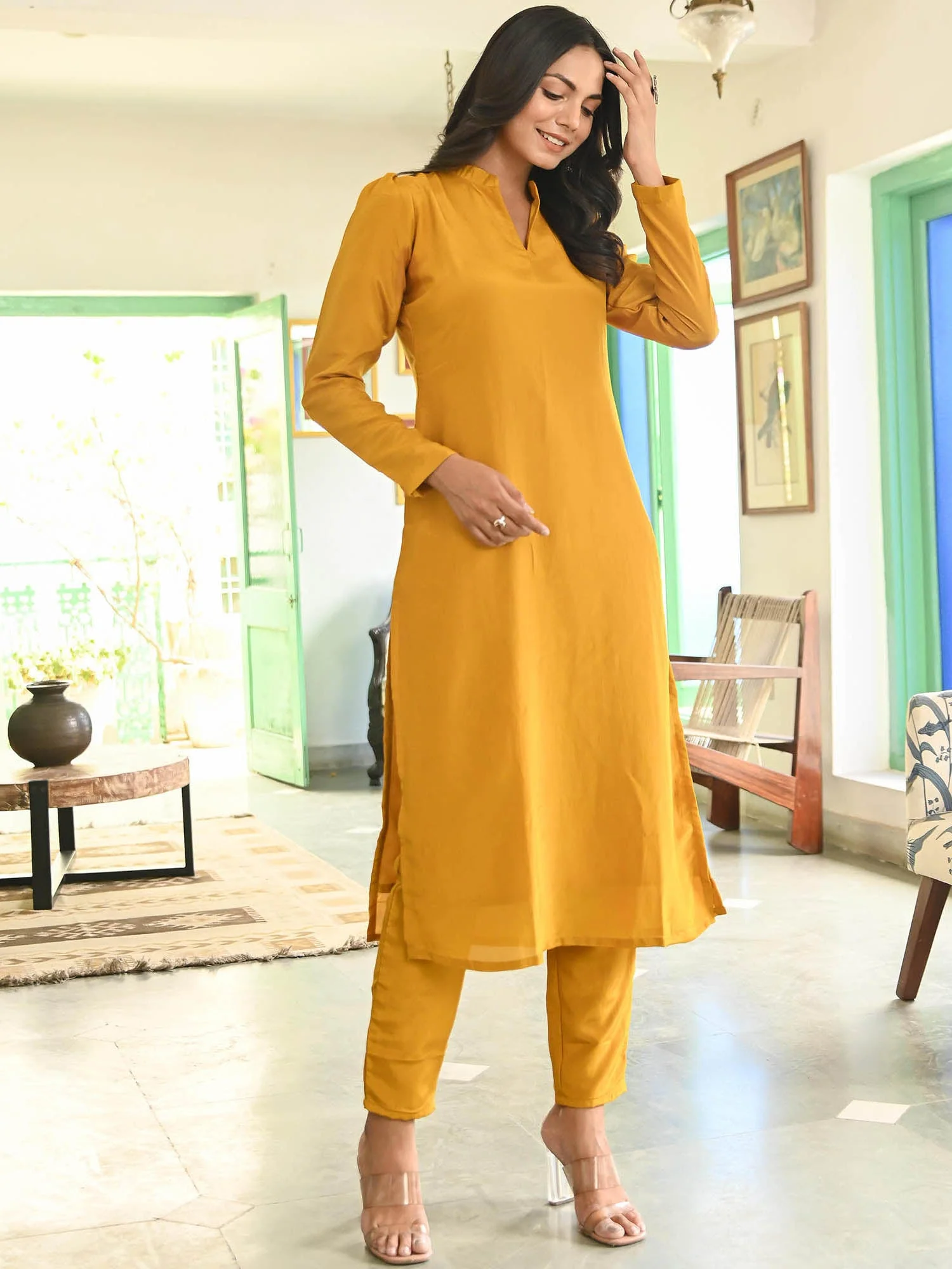 Mustard Yellow Silk Straight Kurta Set - Image 5