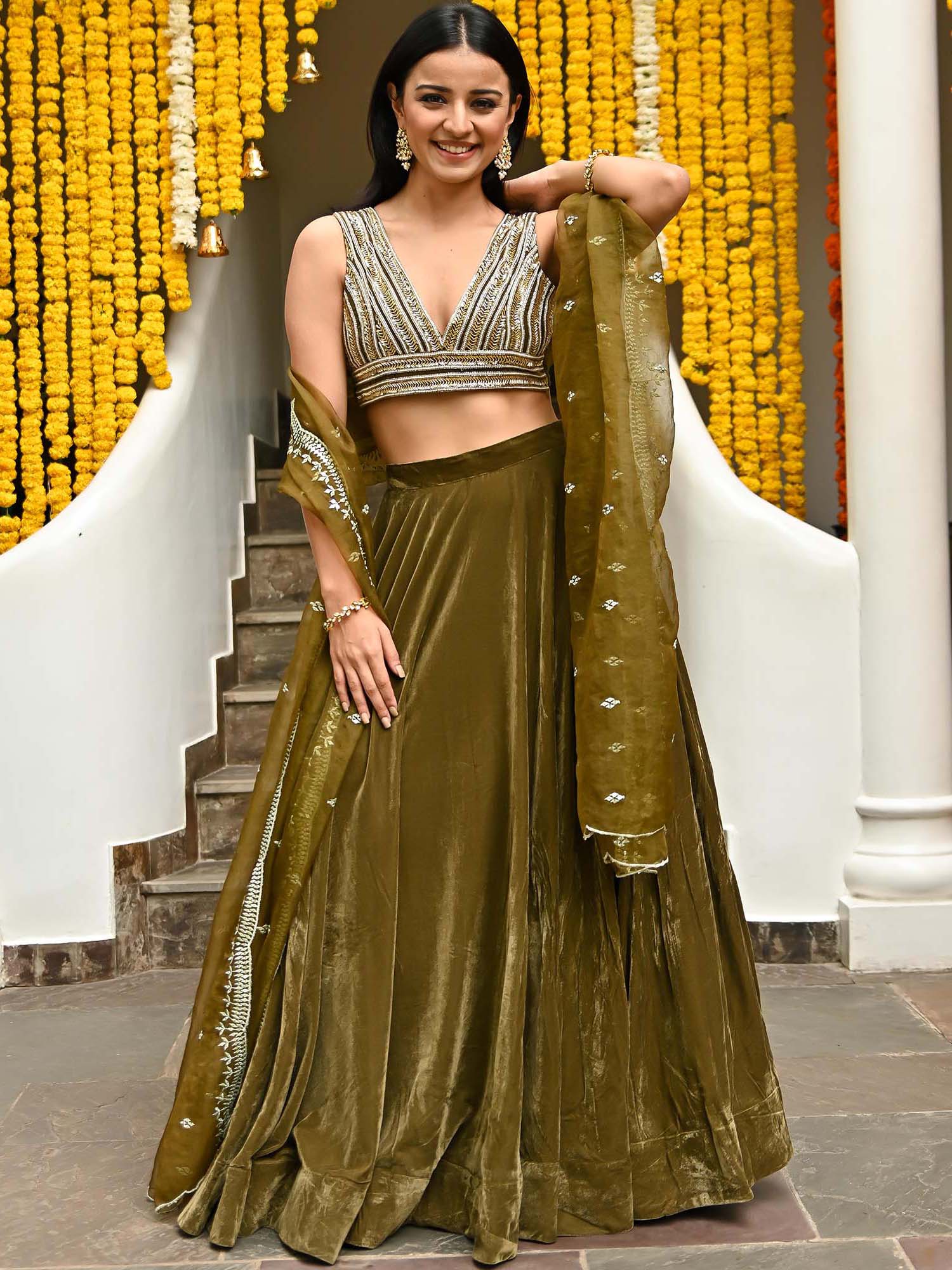 Olive Green Velvet Lehenga - Image 3