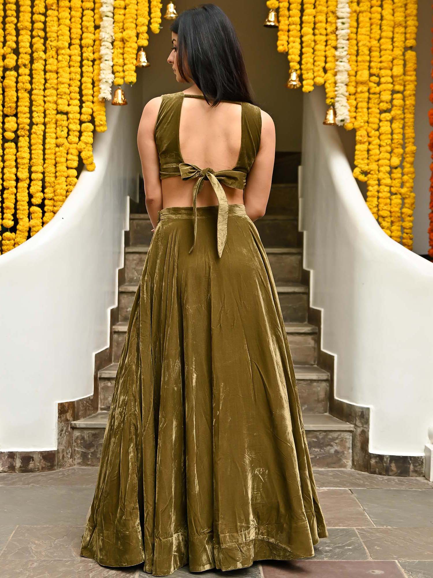 Olive Green Velvet Lehenga - Image 6