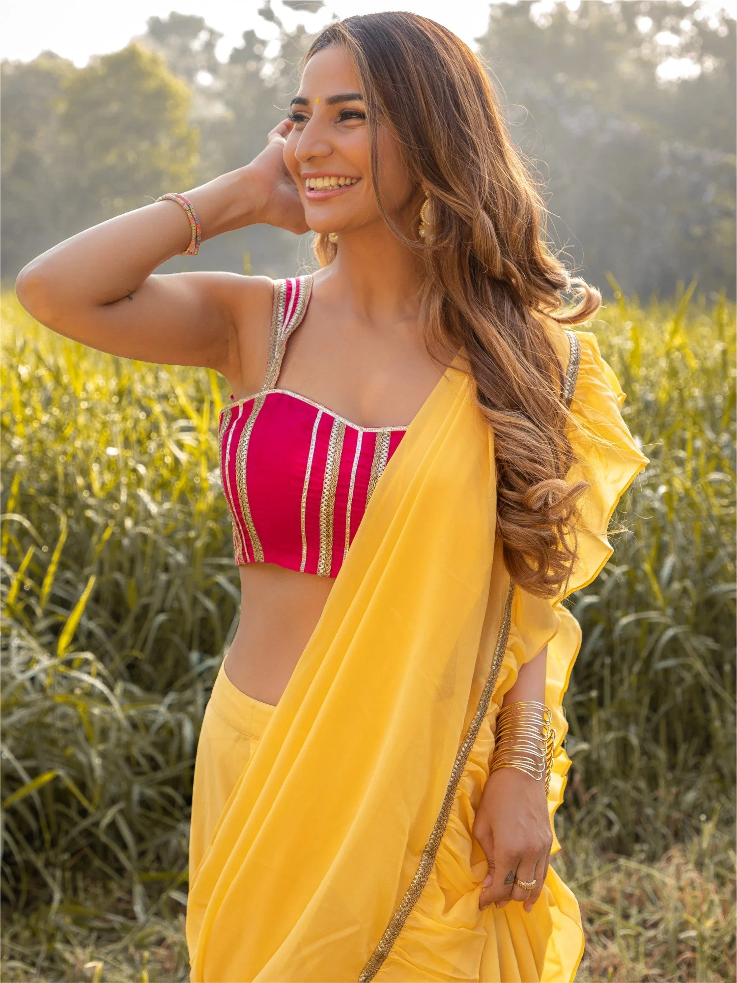 Pale Yellow Georgette Ready Saree - Image 3