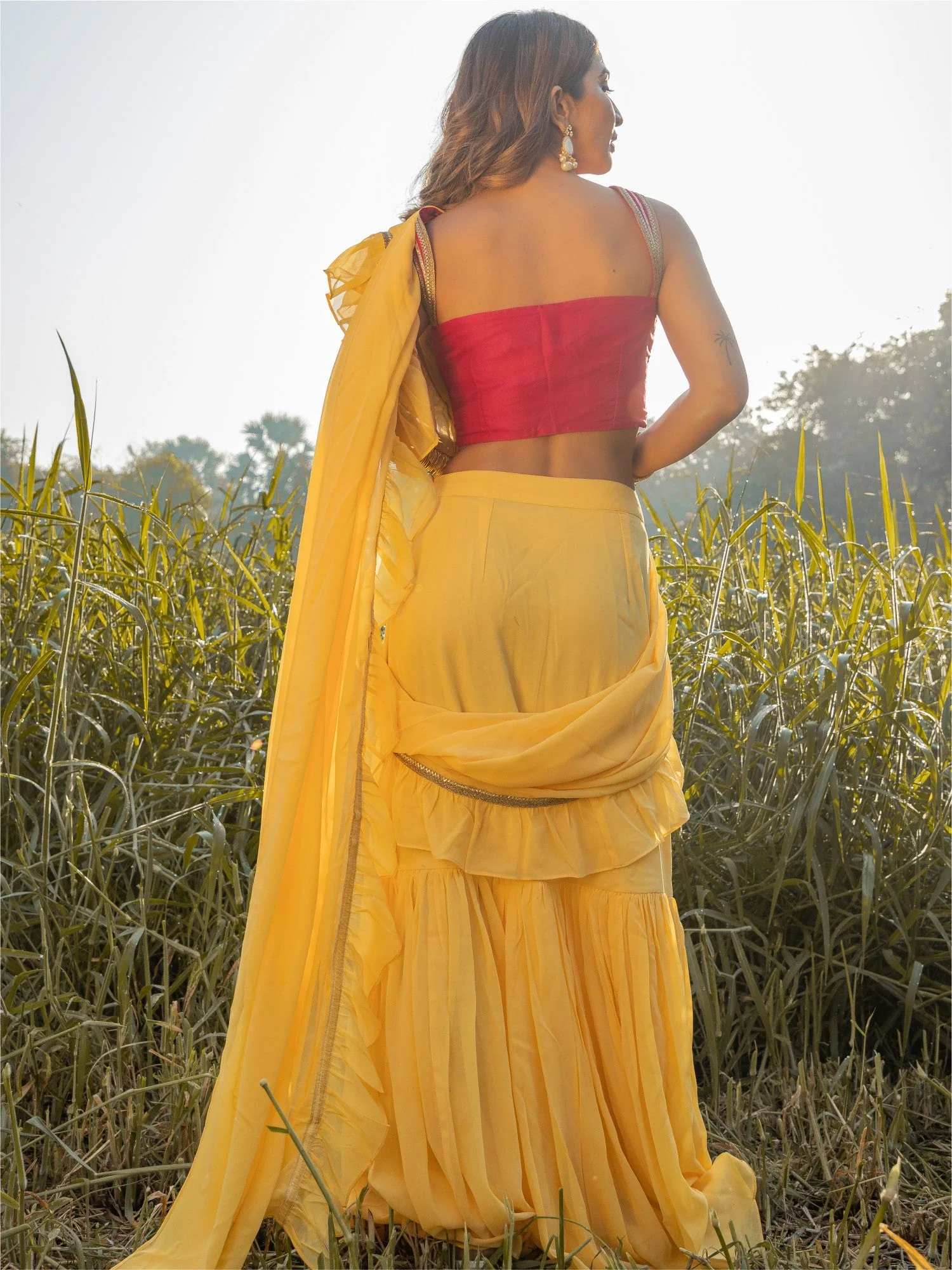 Pale Yellow Georgette Ready Saree - Image 4