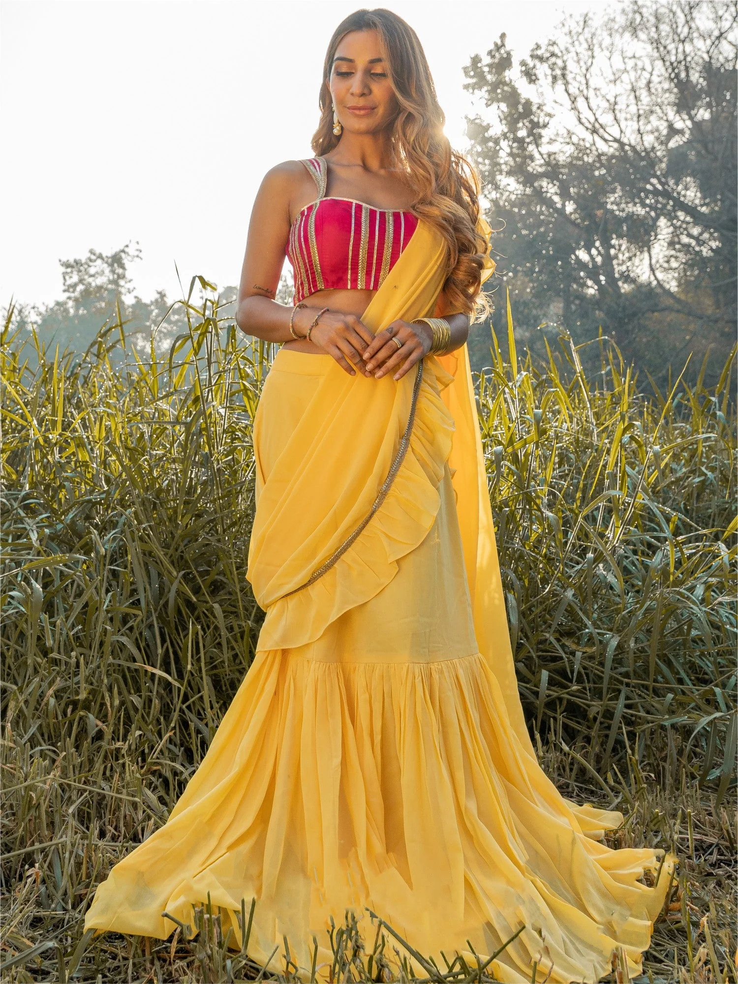 Pale Yellow Georgette Ready Saree - Image 6