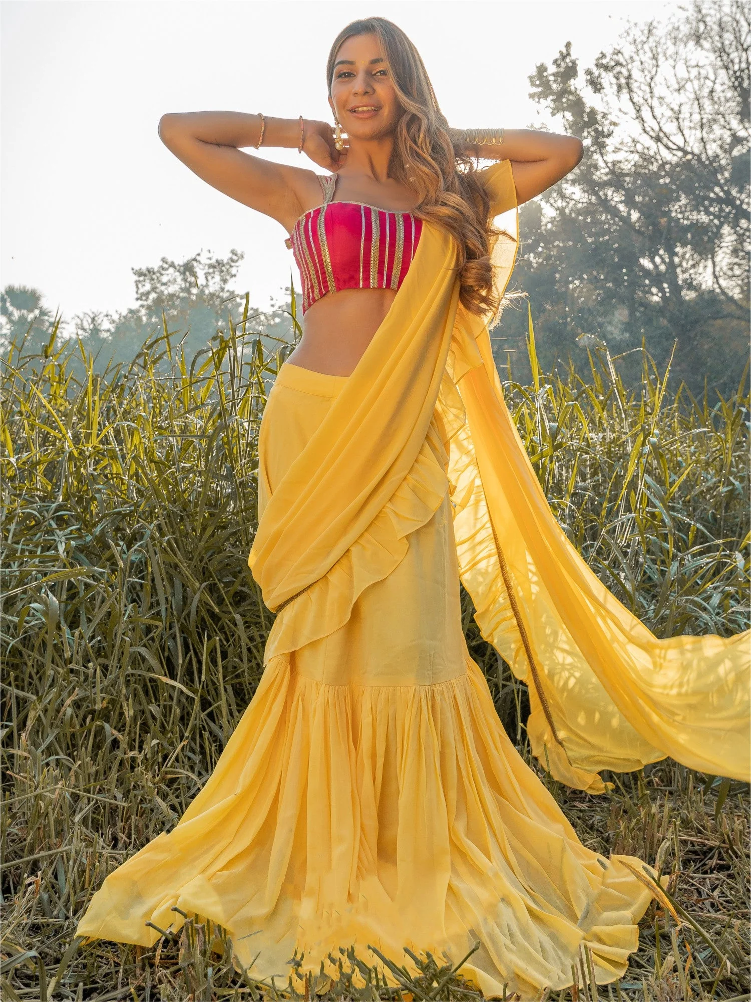Pale Yellow Georgette Ready Saree - Image 7