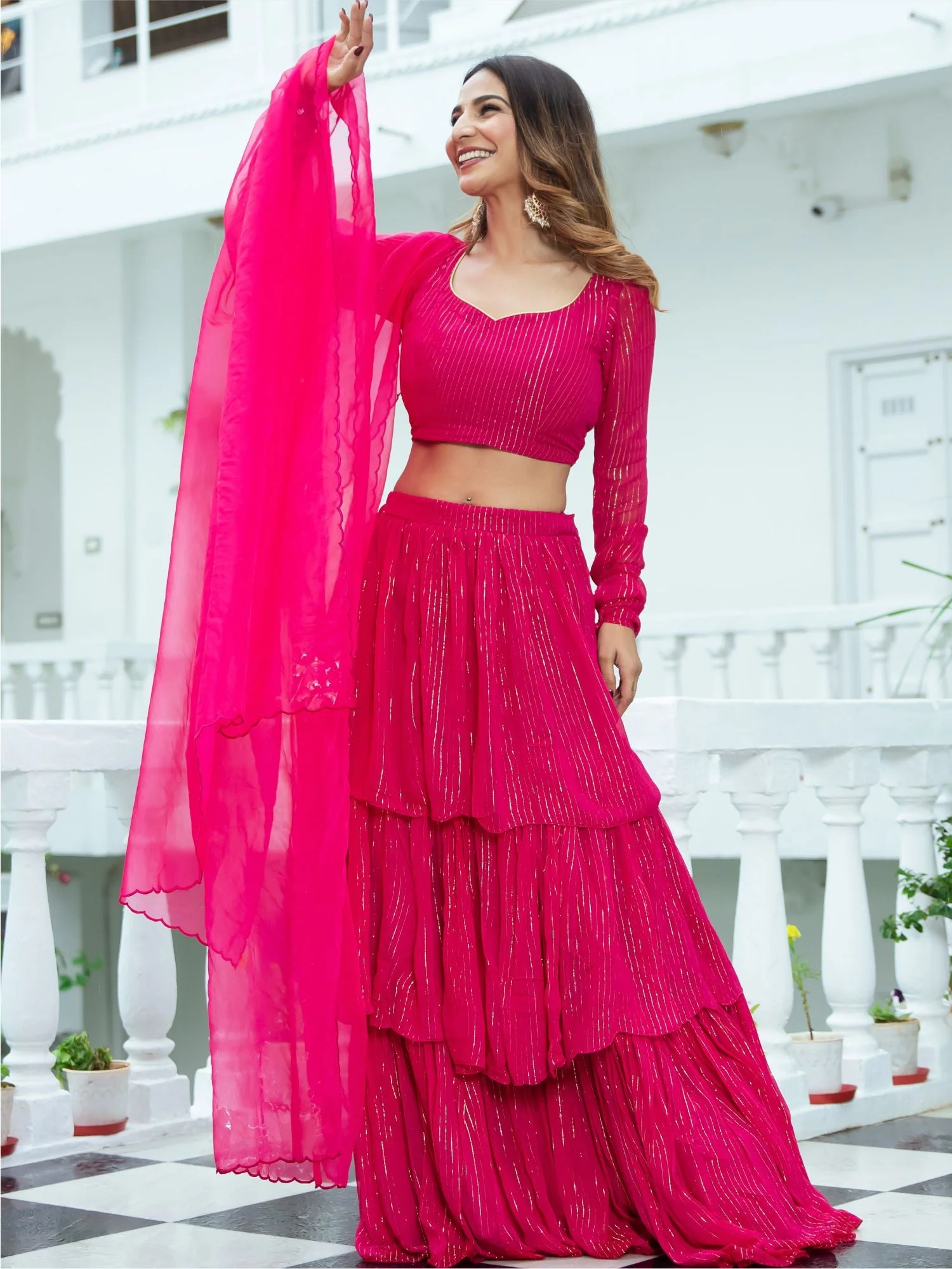 Pink Lurex Tiered Lehenga Set - Image 3